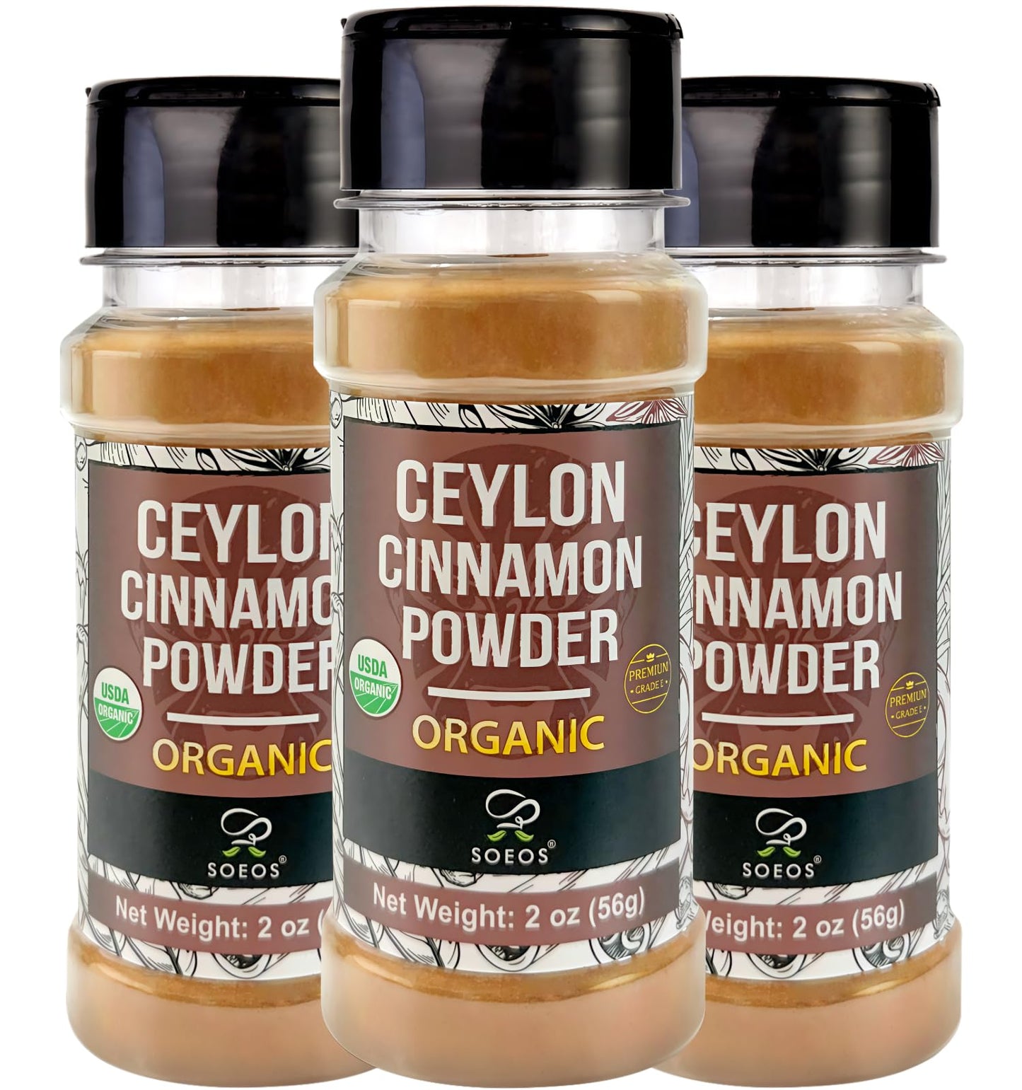 Soeos Organic Ceylon Cinnamon Powder 2 Ounce(Pack of 3)  Pure Ground Cinnamon from Sri Lanka  Non-GMO  Gluten-Free  Perfect for Baking  Cooking and Beverages