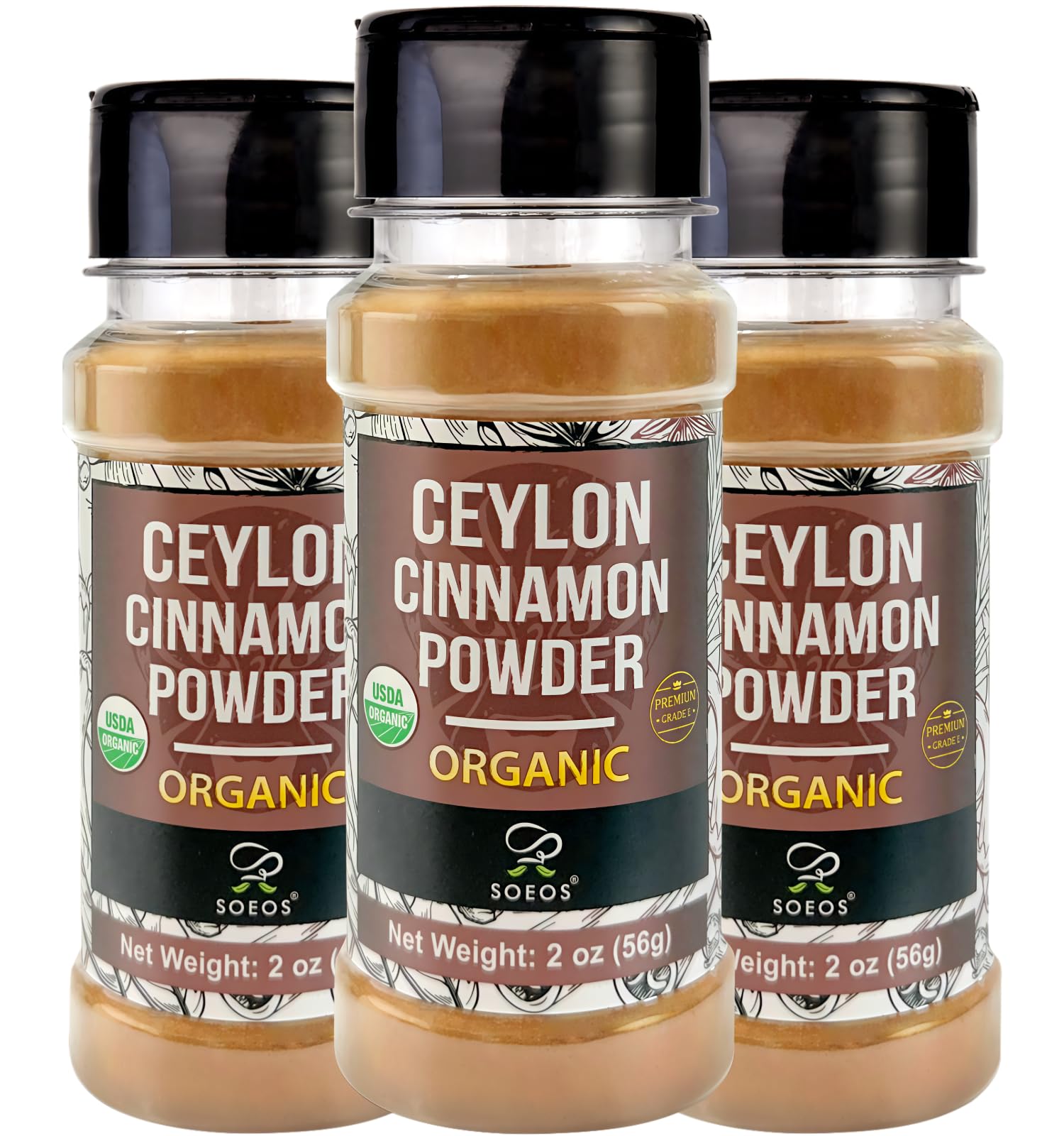Soeos Organic Ceylon Cinnamon Powder 2 Ounce(Pack of 3)  Pure Ground Cinnamon from Sri Lanka  Non-GMO  Gluten-Free  Perfect for Baking  Cooking and Beverages