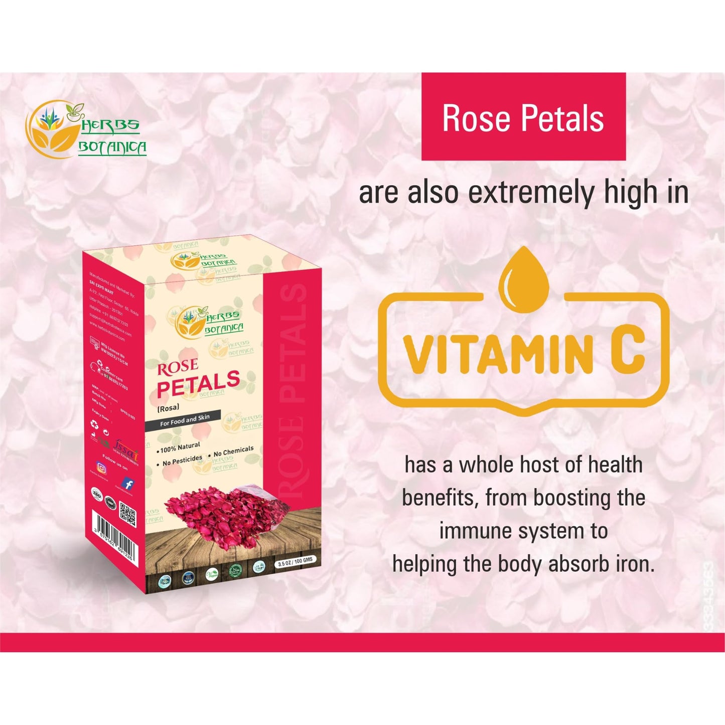 Herbs Botanica Dried Rose Petals, Edible, Non-Toxic, 3.5 oz, Resealable Bag