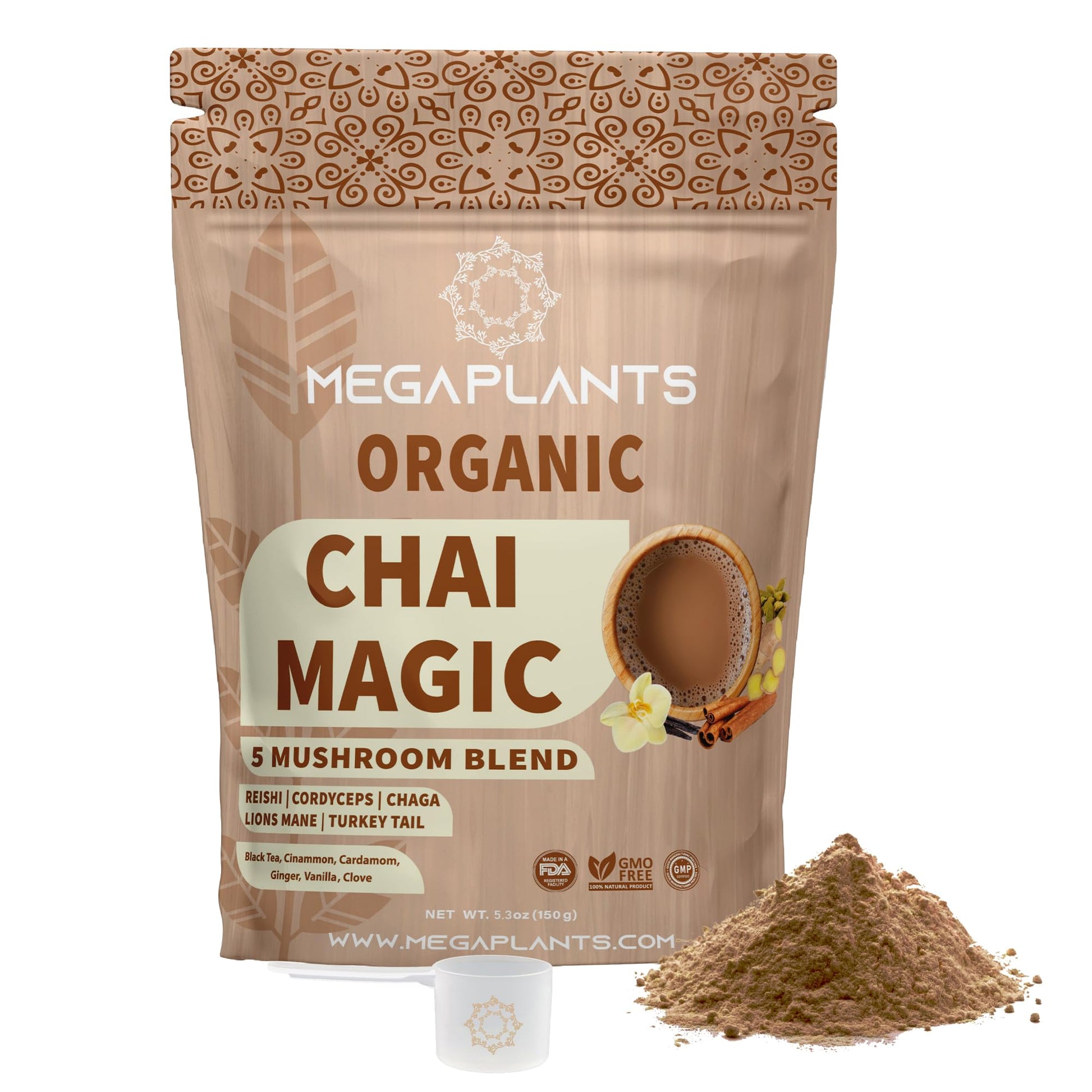 Megaplants Chai Magic (50 Servings) | Superfood 5 Mushroom Powder Blend For Focus, Clarity & Energy + Spiced Masala Chai Blend |