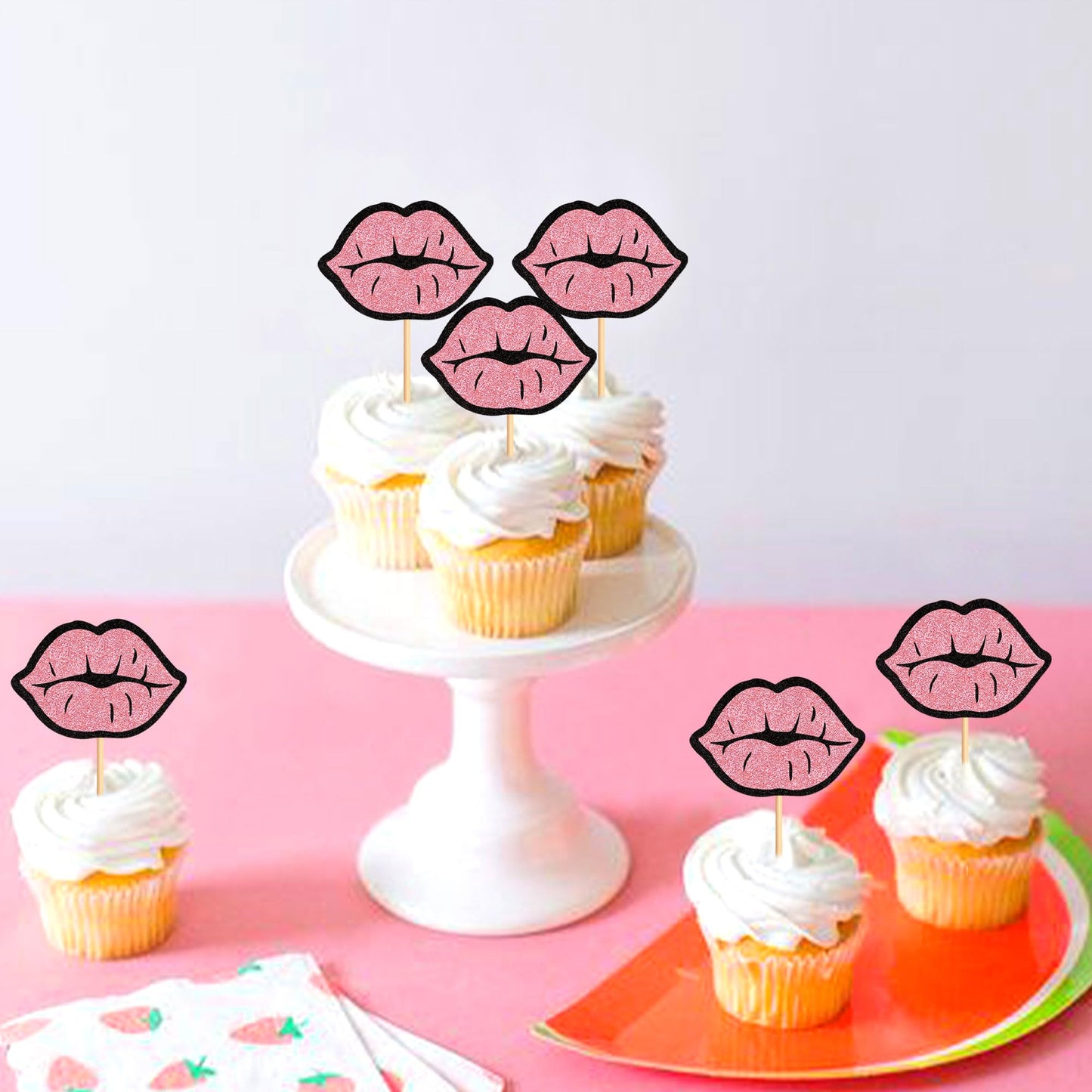 Cyodoos 24 Pcs Glitter Pink Lip Cupcake Toppers, Pink Glitter Girls Cupcake Toppers, Lip Cupcake Picks, Cake Topper For Wedding