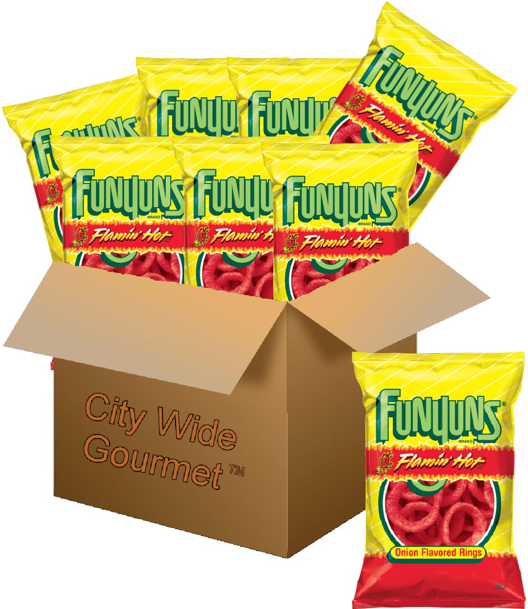 FunyunS Flamin Hot Onion Flavored Rings  1.25 Ounce Bags (Pack Of 8)  Bundled By City Wide Gourmet
