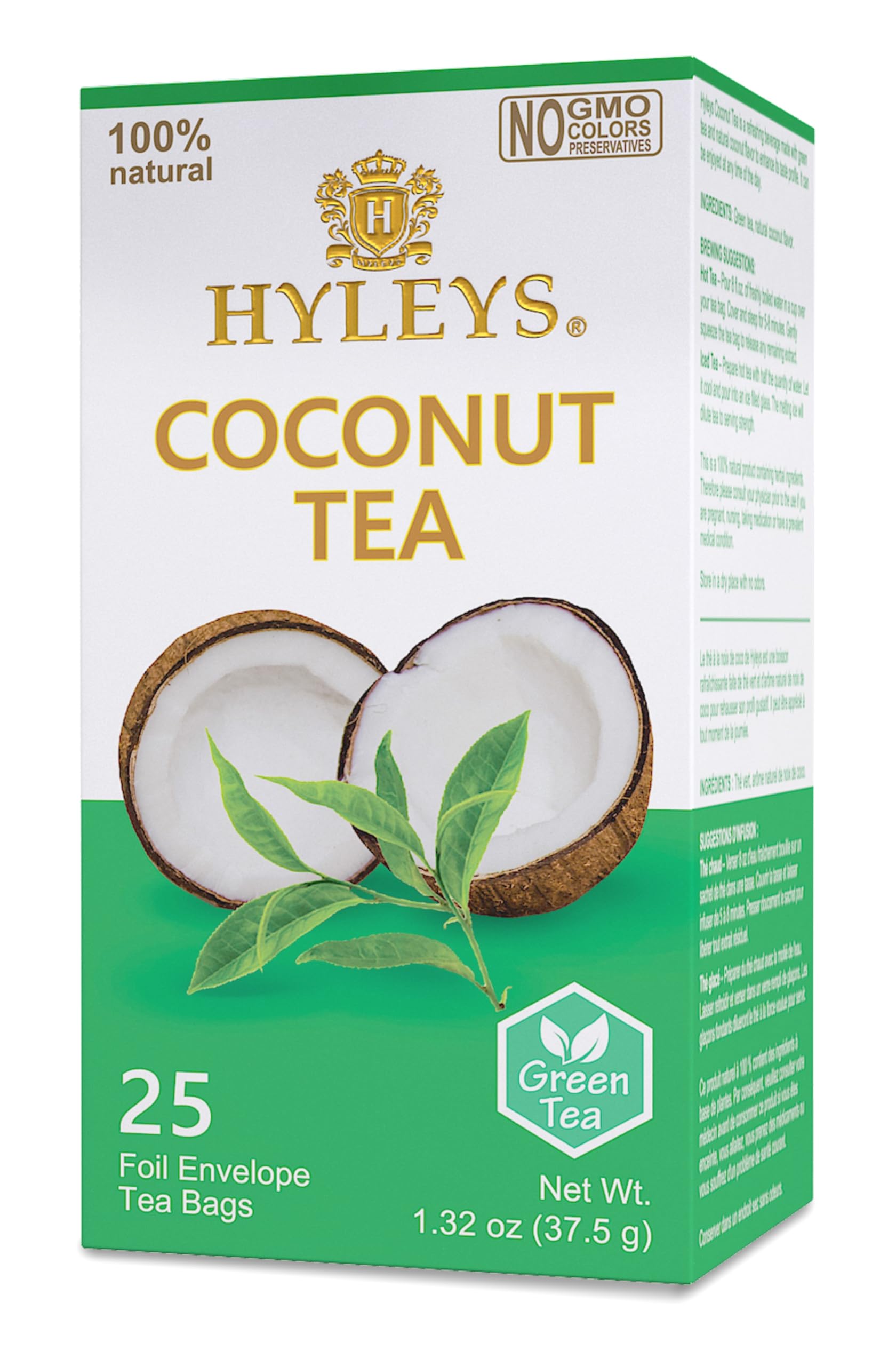 HYLEYS Tea Natural Coconut Green Tea - 25 Tea Bags, GMO Free, Gluten Free, Dairy Free, Sugar Free, 100% Natural