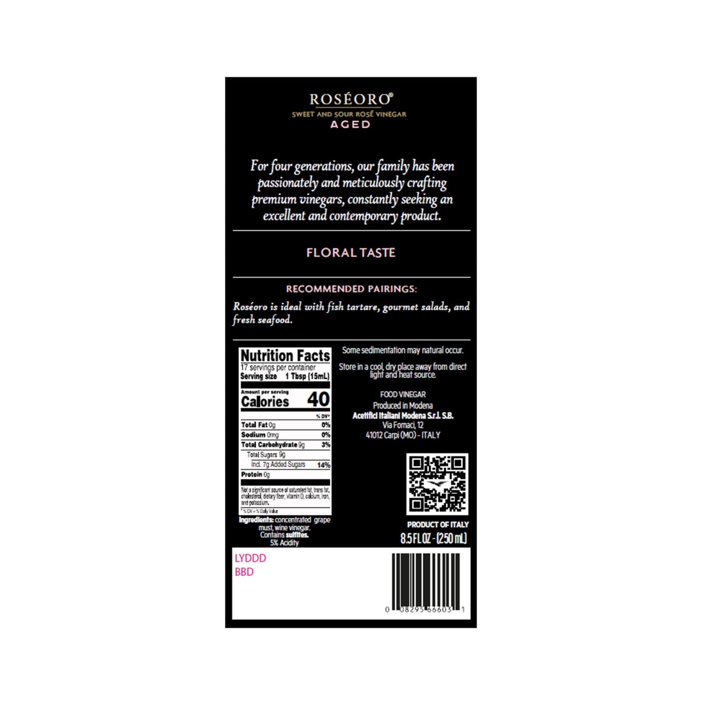 De Nigris Roseoro Sweet Red Wine Vinegar 8.5 Fl Oz (250ml) with Balsamic Vinegar from Modena, Aged Condiment
