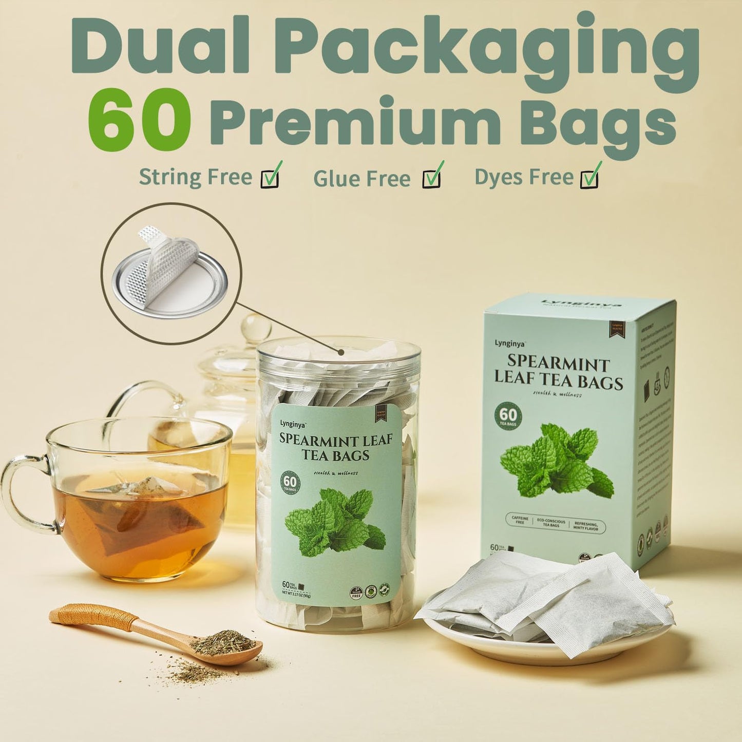 Lynginya Spearmint Tea - Natural Herbal Tea, Refreshing & Minty, 60 Tea Bags, No Sugar, No Caffeine
