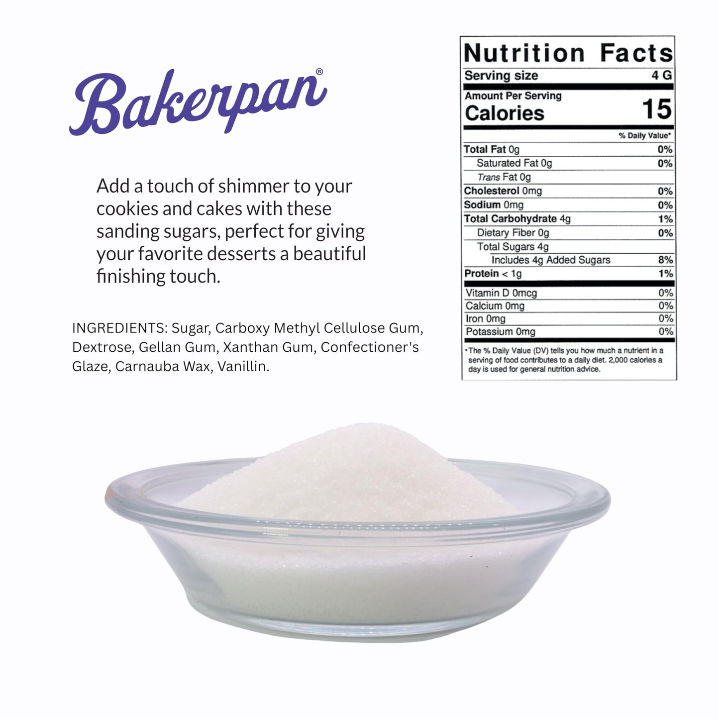 Bakerpan White Sanding Sugar For Baking & Cookie Decorating - 5 Ounce Edible White Sugar Sprinkles For Cookies, Cakes, Cocktails