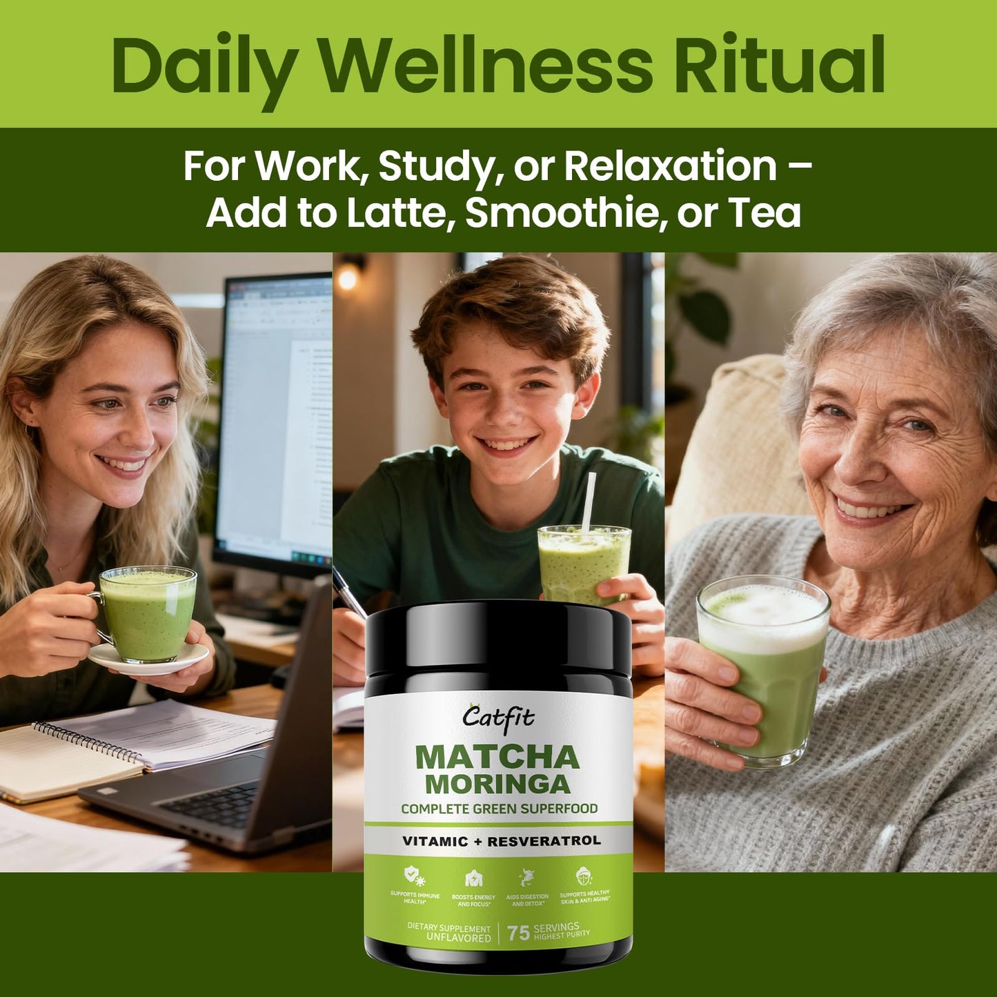 Matcha Powder - Superfood Blend with Moringa & Green Tea & Resveratrol  Energy & Focus Support  Immune & Antioxidant Defense  Vegan  Gluten-Free  8oz