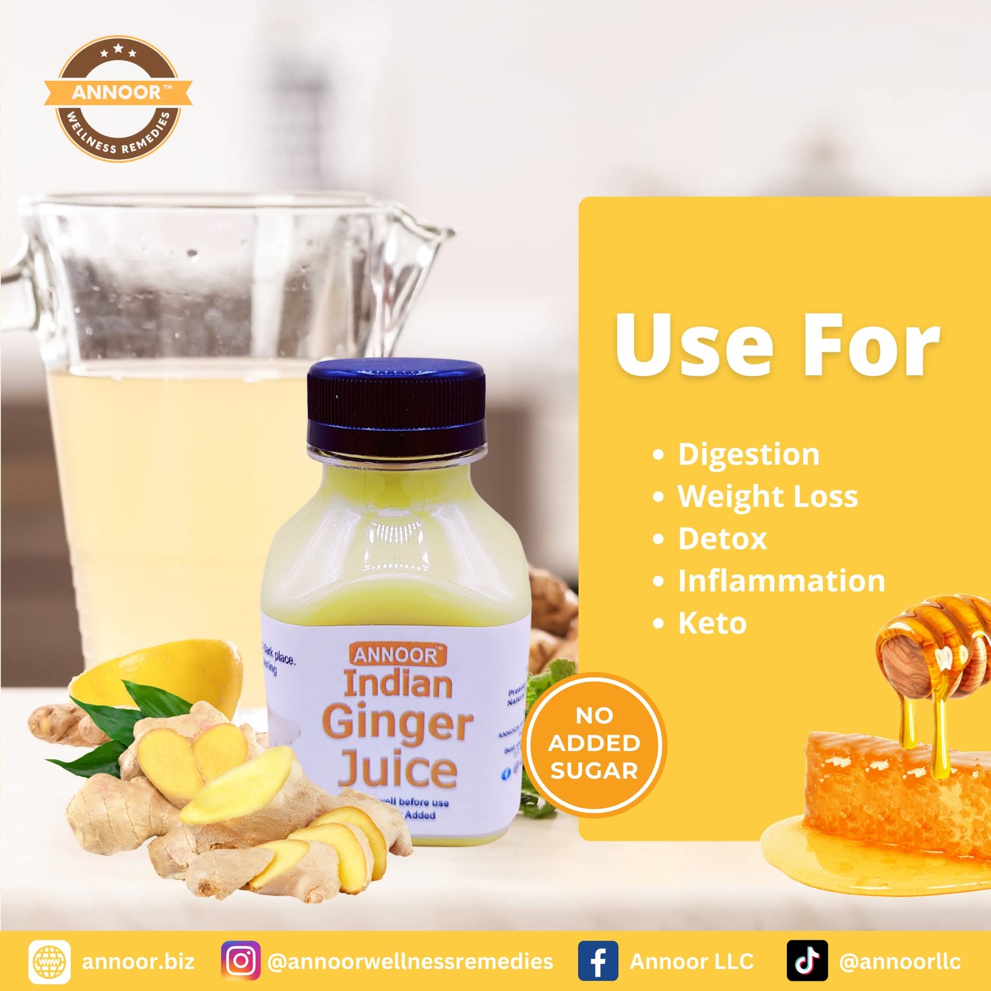 Annoor Ginger Juice - Raw, No Pulp, Strong Concentrate, 8.5 Fl Oz, Yellow