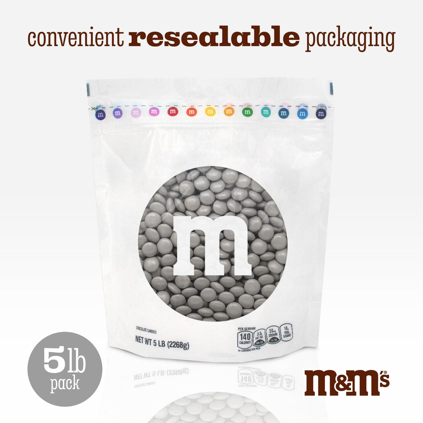 M&MS WORLD Silver Milk Chocolate Candy Bulk - 5lbs Resealable Pack for Party Favors, Candy Bars, Weddings, Graduations, Birthday