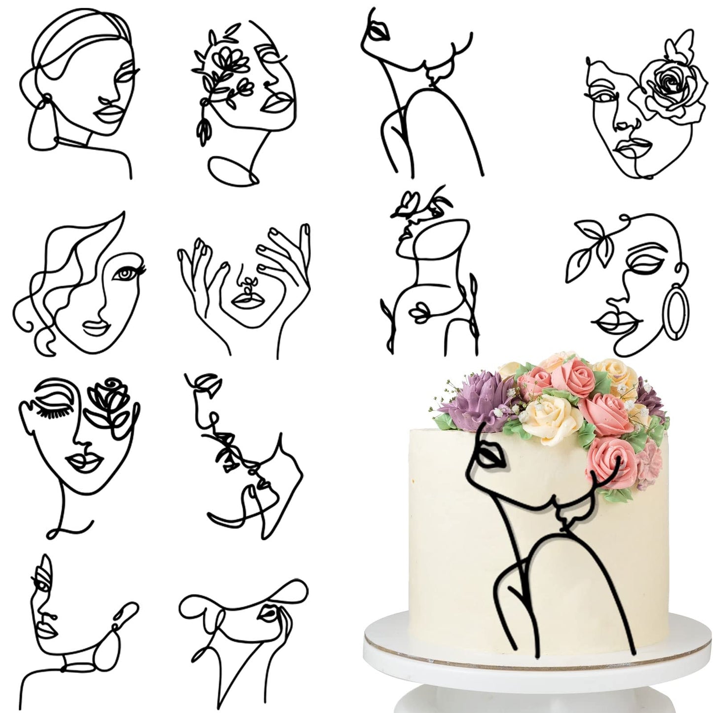 HSDSH Acrylic Cake Topper - 12 Pcs Lady Face Design for Wedding & Birthday Parties - Black, Model HSD-Facecake-12
