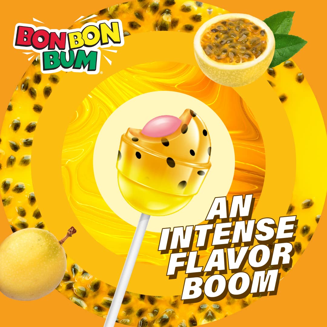 Colombina Bon Bon Bum Lollipops W/Bubble Gum Center, Passion Fruit Flavor, Individually Wrapped, Ideal For Party Favors And Gifts, 1 Pack (24 Count)