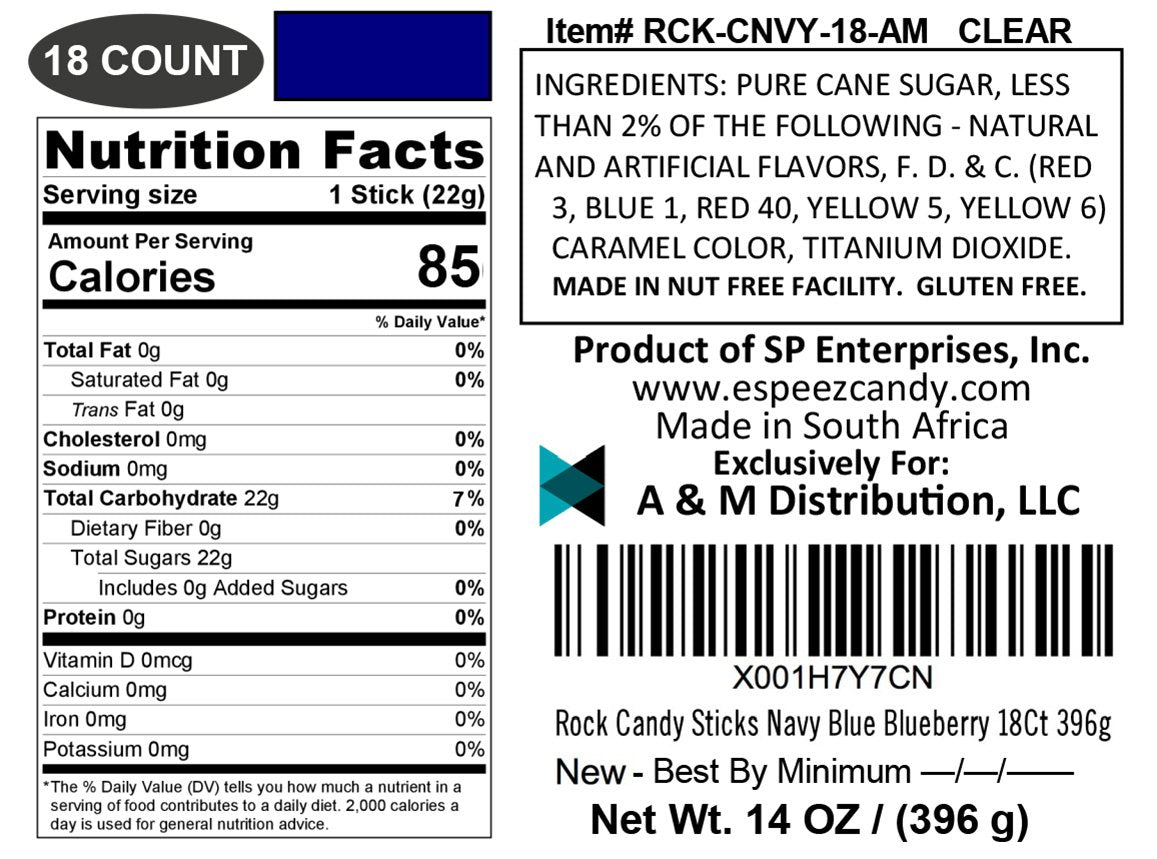 Espeez Rock Candy Sticks - 18 Count, Navy Blue, Blueberry Flavor, Individually Wrapped for Parties and Buffets