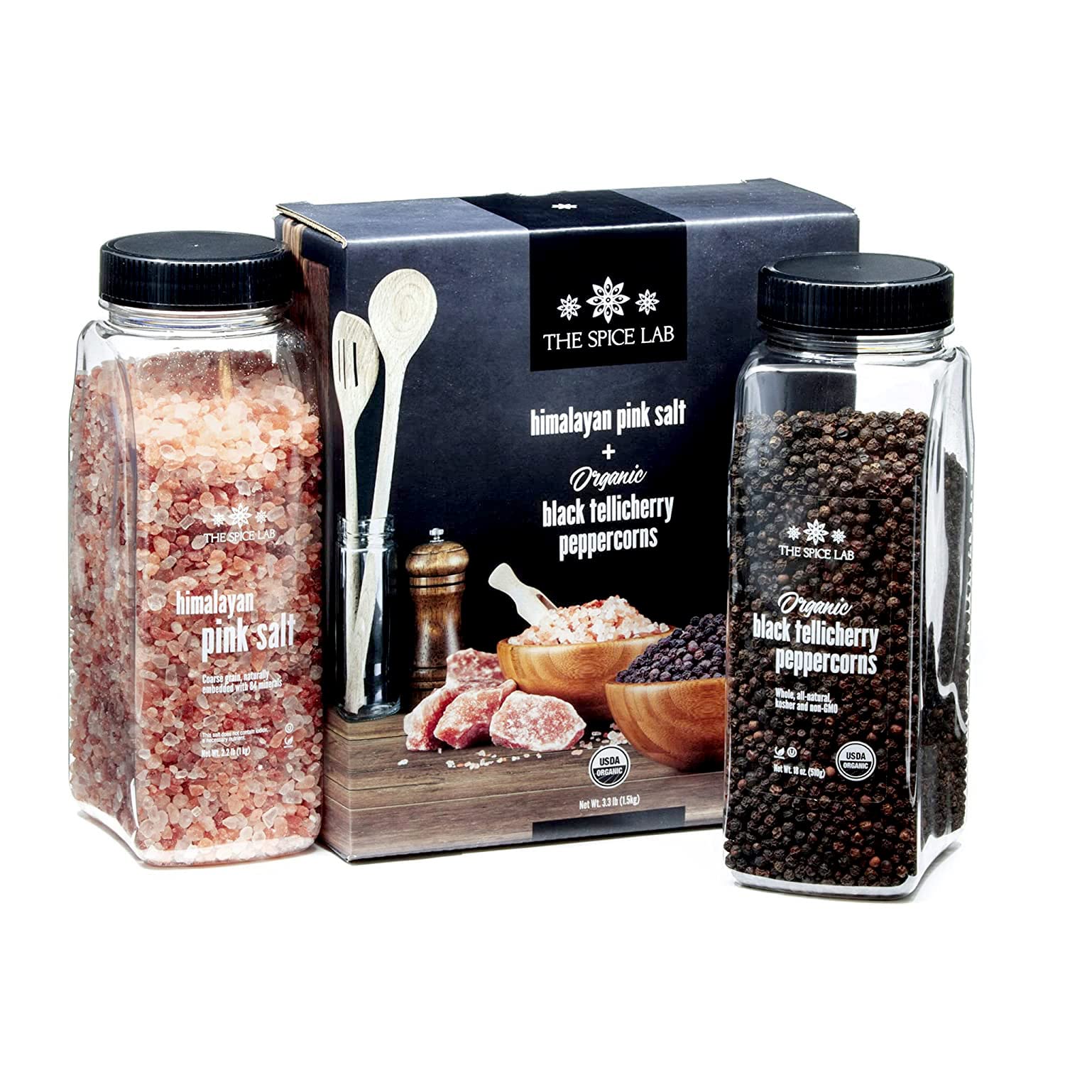 The Spice Lab Pink Himalayan Salt Coarse & Tellicherry Peppercorns Combo Set - 2 Piece, 2.2 lb Salt, 18 oz Pepper, USDA Organic