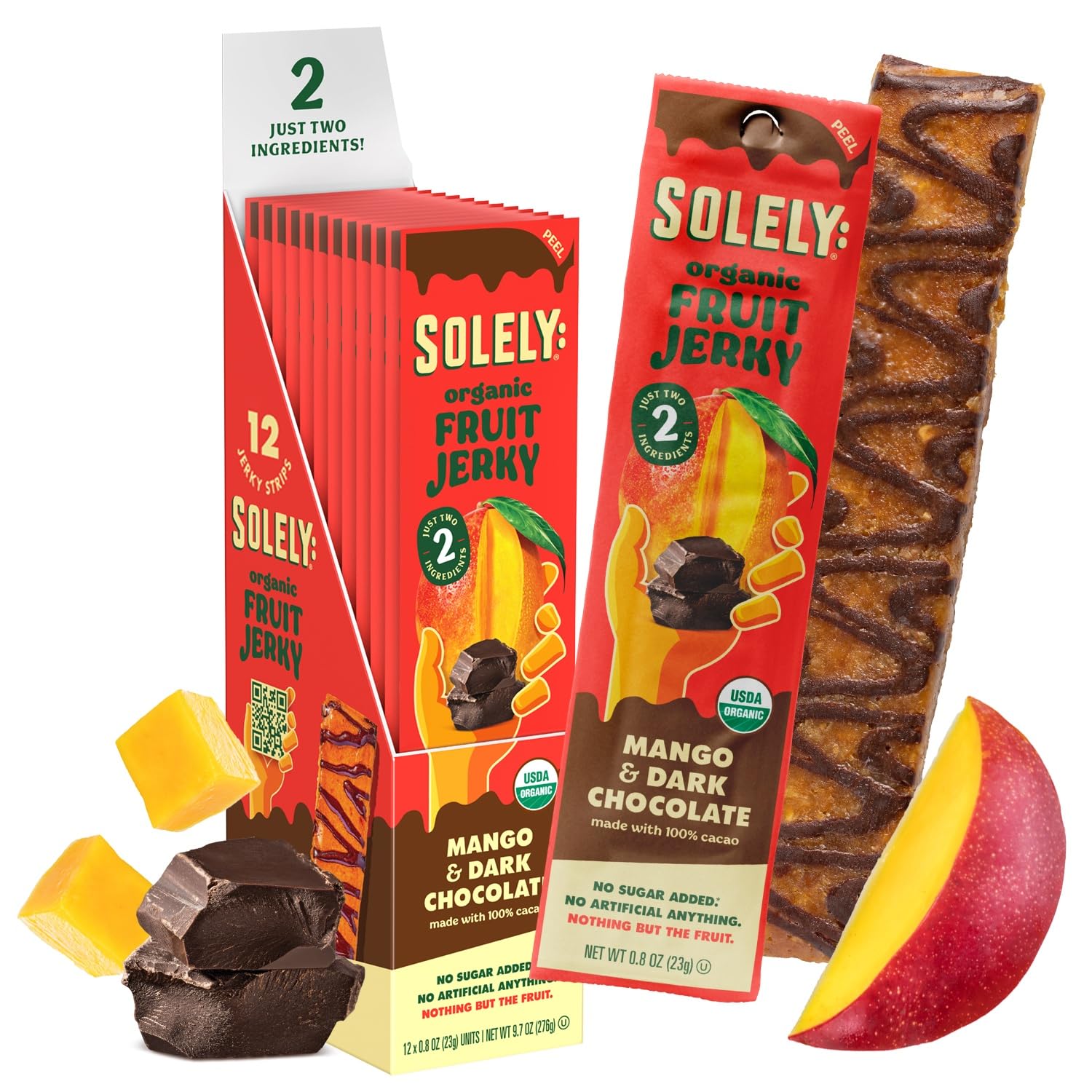 Solely Organic Fruit Jerky, Mango Drizzled With 100% Cacao, 12 Strips | Two Ingredients | Vegan | Non-Gmo | No Sugar Added