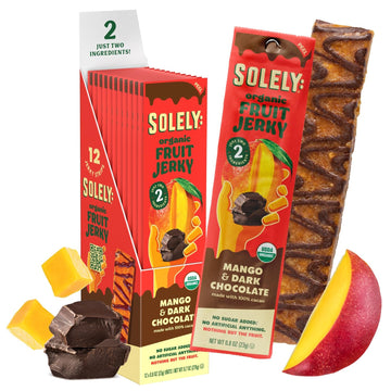 Solely Organic Fruit Jerky, Mango Drizzled With 100% Cacao, 12 Strips | Two Ingredients | Vegan | Non-Gmo | No Sugar Added