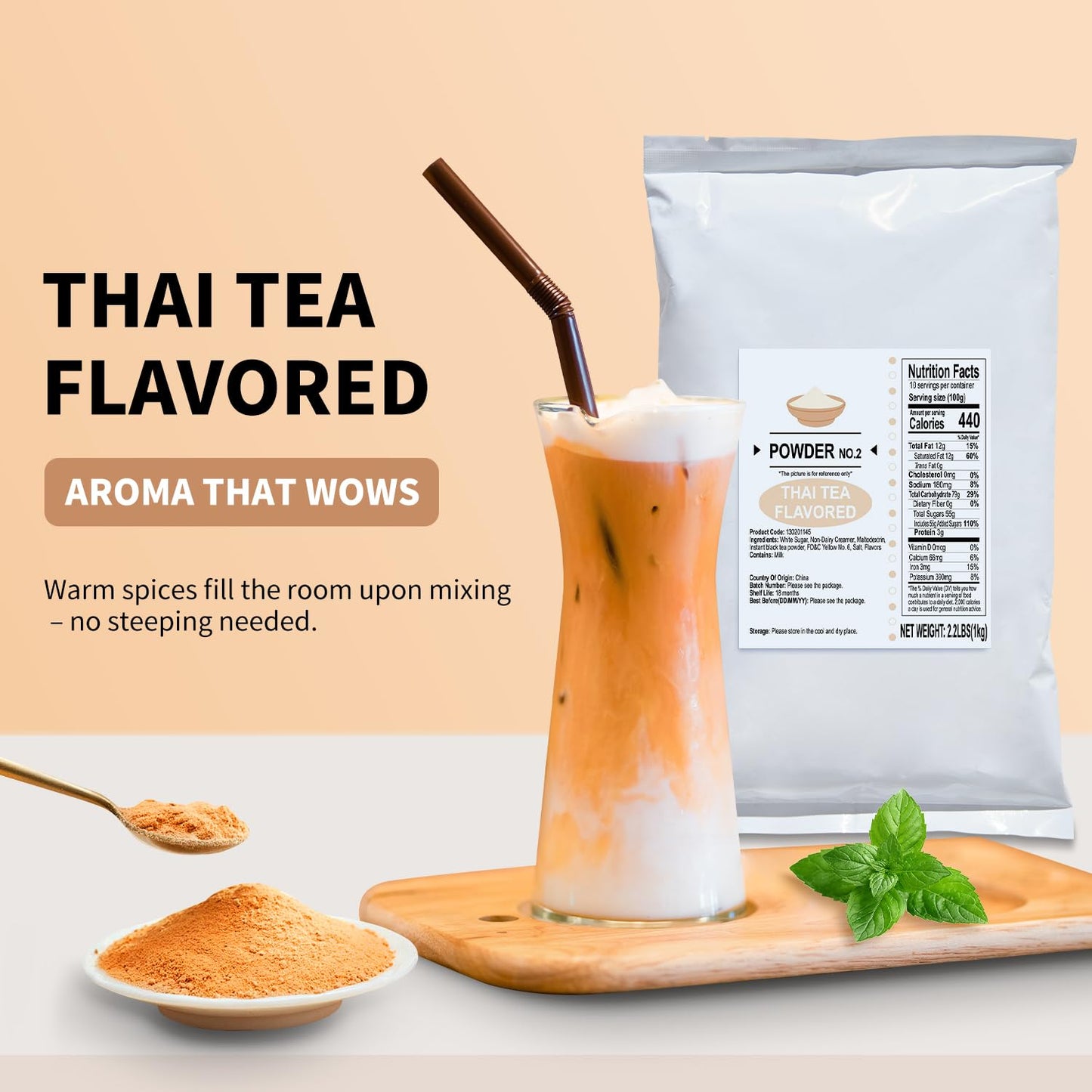 Soeos Thai Tea Flavored Powder, 2.2 lbs (1kg) - Instant Bubble Tea Mix with Creamer & Sugar, Easy to Prepare, Perfect for Boba D