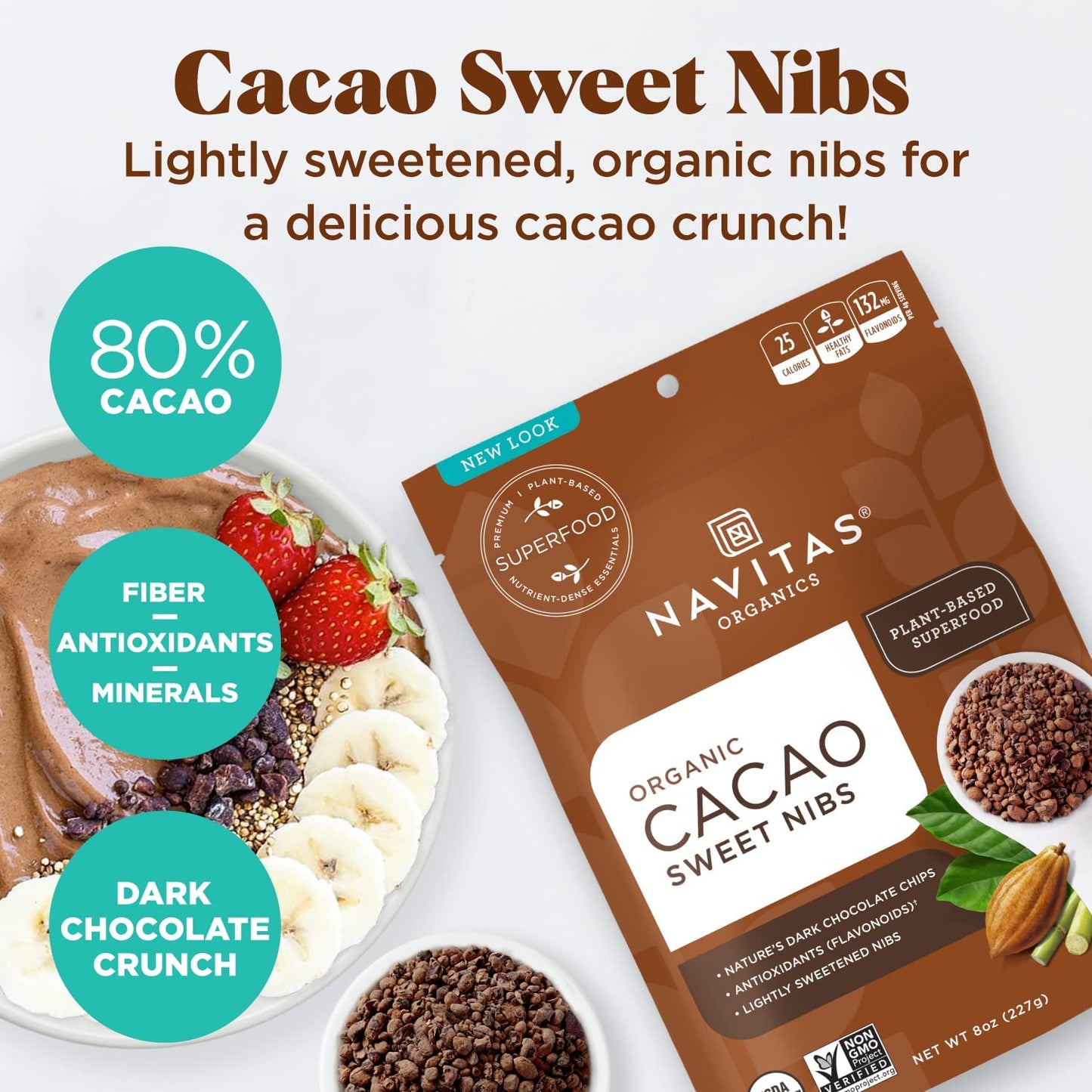 Navitas Organics Cacao Sweet Nibs, 4oz. Bag, 28 Servings - Organic, Non-GMO, Gluten-Free