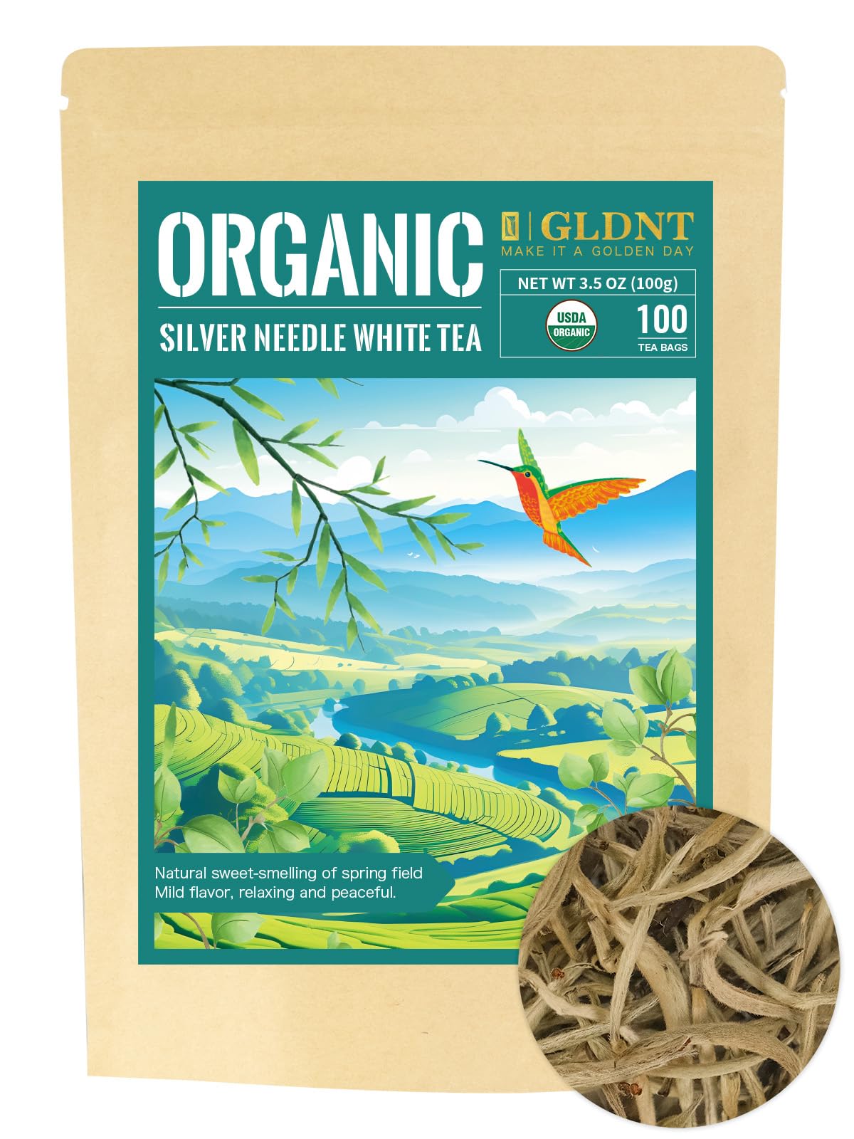 Gldnt Organic Silver Needle White Tea, Enhanced Chinese Organic White Tea Loose Leaf, Low Caffeine, Delicate & Smooth Flavor, 3.5Oz