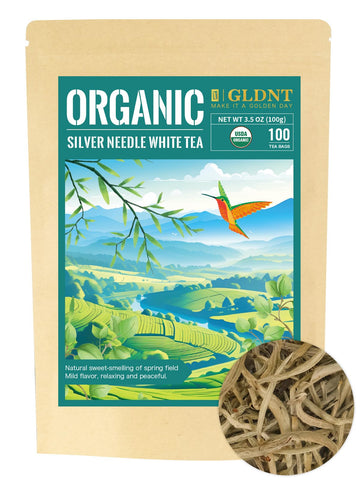 Gldnt Organic Silver Needle White Tea, Enhanced Chinese Organic White Tea Loose Leaf, Low Caffeine, Delicate & Smooth Flavor, 3.5Oz