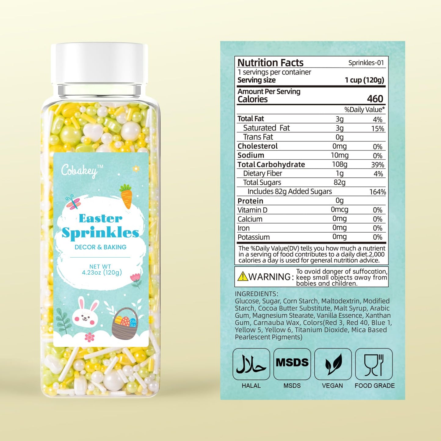 Cobakey Easter Sprinkles For Cookies 4.23 Ounce Spring Sprinkles For Baking Yellow & Green Edible Heart Perfect For Easter Cake