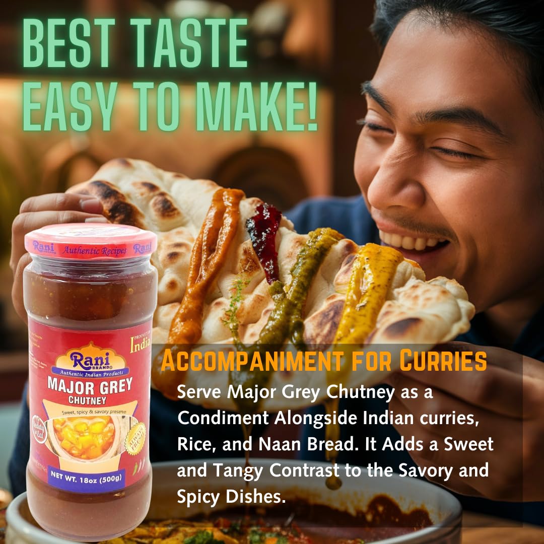 Rani Major Grey Mango Chutney (Indian Preserve) 18Oz (1.1Lbs) 500G Glass Jar, Ready To Eat, Vegan, Pack Of 5+1 Free ~ Gluten Fre