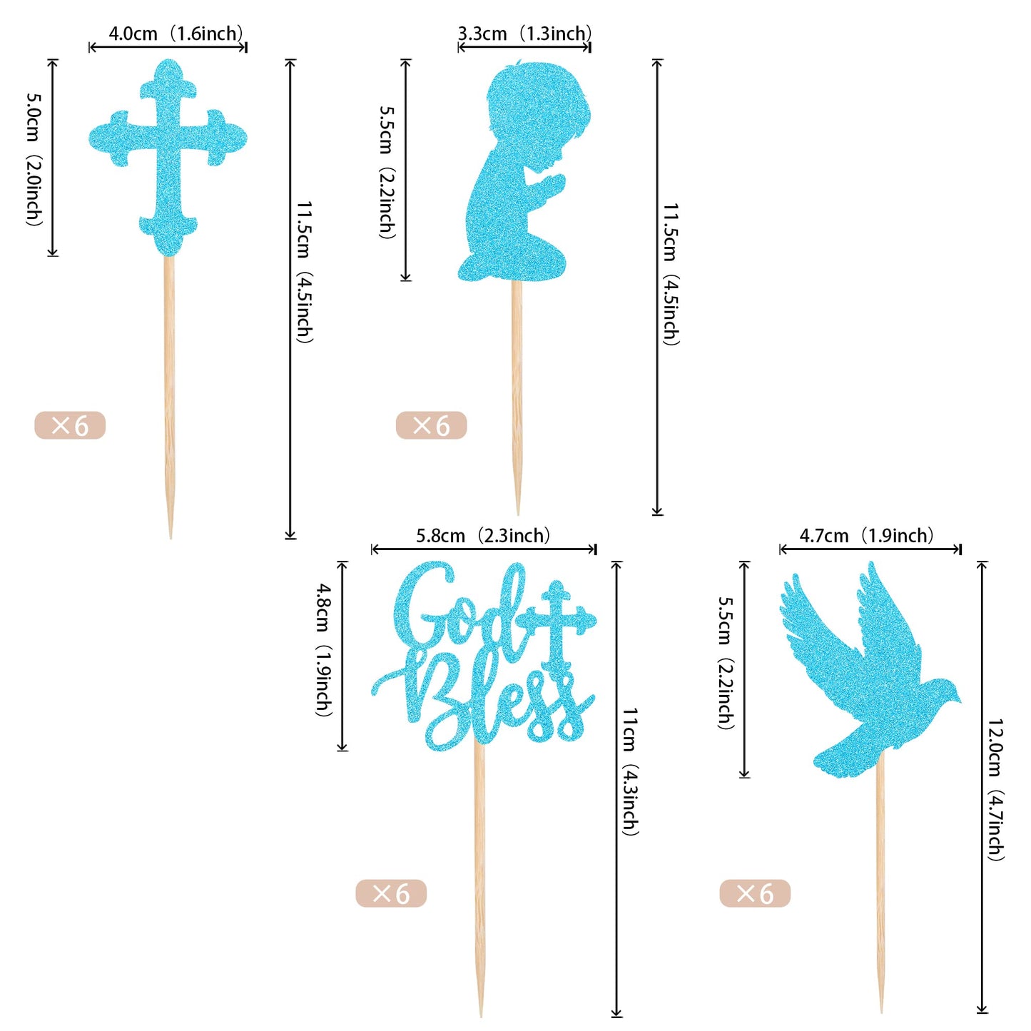 ZHUOWEISM Cupcake Toppers 24 PCS Glitter Dove Baptism Theme Small Design 3 Blue