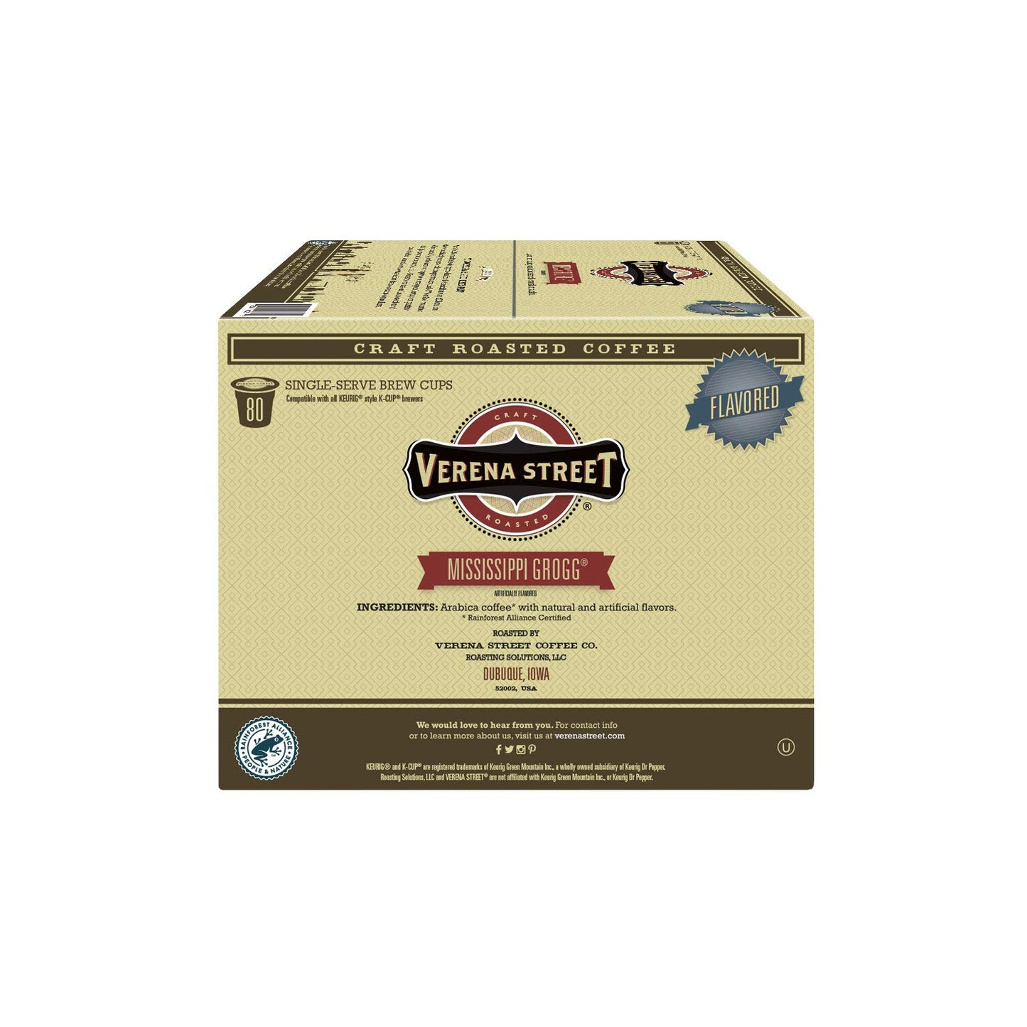 Verena Street Flavored Coffee Pods, Mississippi Grogg, Rainforest Alliance Certified, 80 Count, Model MG80ct
