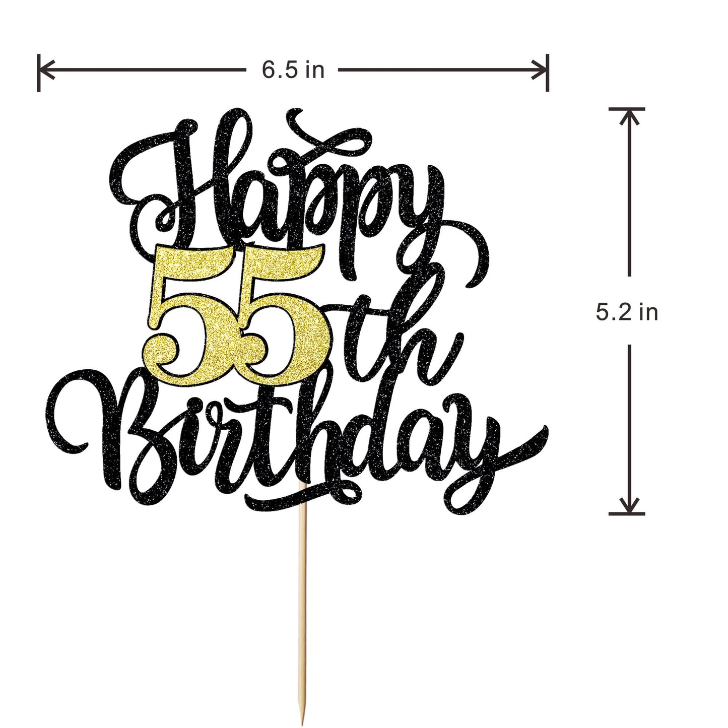 Leetaivie Happy 55Th Birthday Cake Topper, Black Gold Glitter Birthday Cake Topper, 55Th Anniversary/ 55Th Birthday Party Decora