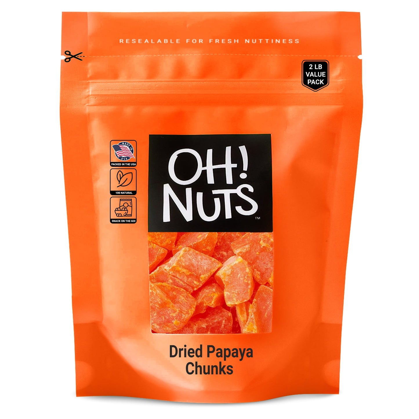 Dried Papaya Chunks | 2 Lb - Dried Fruit Chunks | Less Sugar Added | Dehydrated Fruit Bites | Packed In New York Zip-Seal Bag For Exceptional Freshness By Oh Nuts