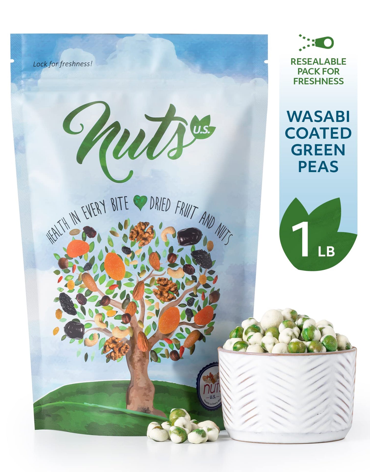 NUTS U.S. Wasabi Coated Green Peas, Crunchy & Spicy, Resealable Bag, 1 Pound