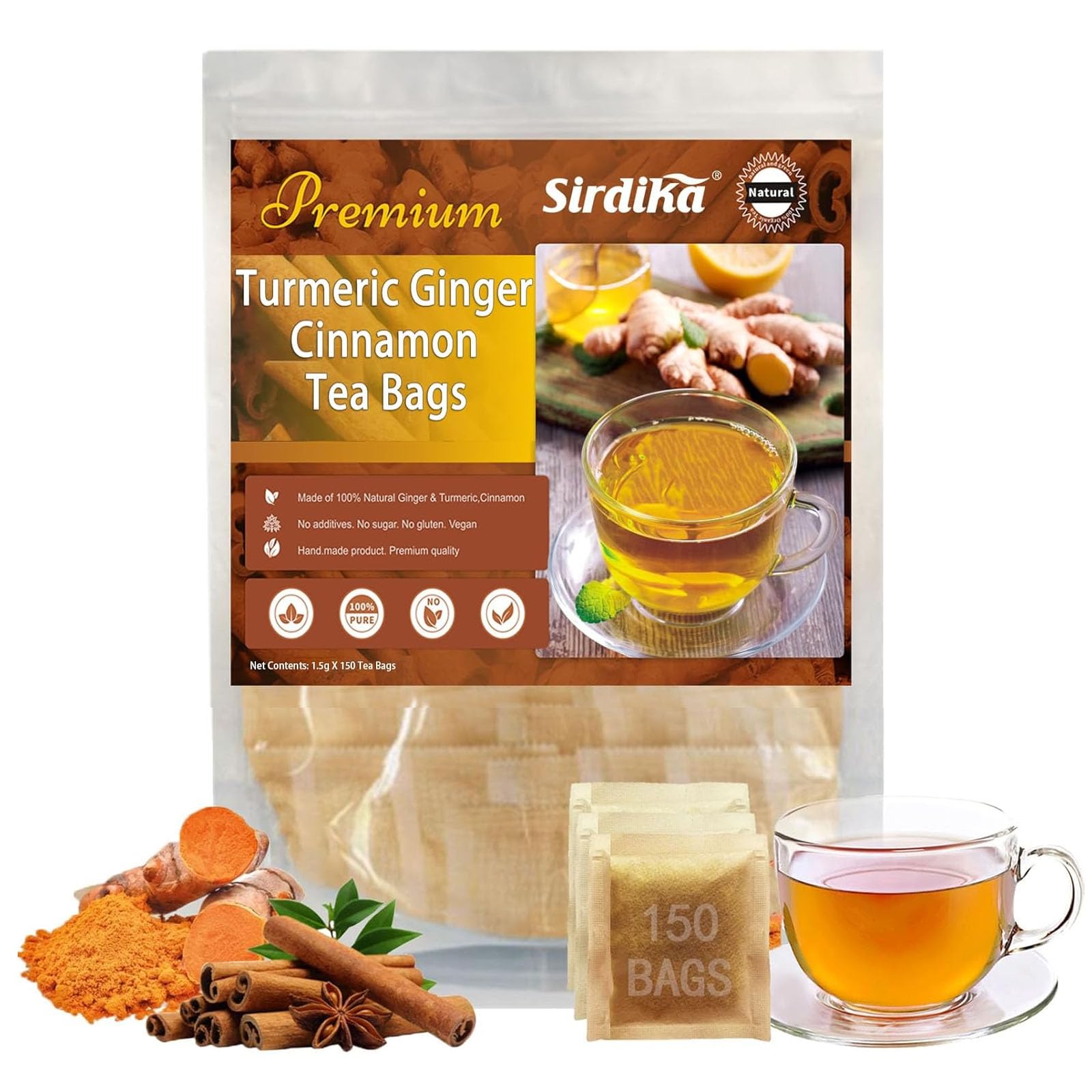 SIRDIKA Organic Turmeric Ginger Cinnamon Tea Bags, 150 Count, 100% Natural Herbal Tea for Men and Women