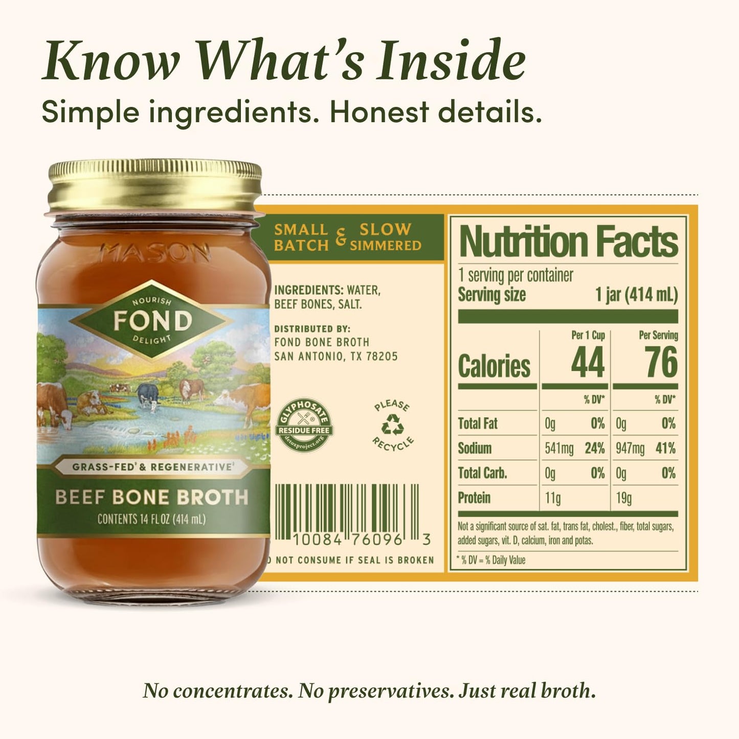 FOND Regenerative Grass Fed Beef Bone Broth - Slow-Simmered Beef Broth for Rich and Nourishing Flavor  Nutrient-Dense  Artisan Quality - Pure & Unflavored  14 oz (4-Pack)