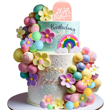 35 Pcs Daisy Flower Cake Toppers, Pastel Balls Acrylic Retro Hippie Boho Rainbow Cake Topper for Birthday Baby Shower Wedding Gr