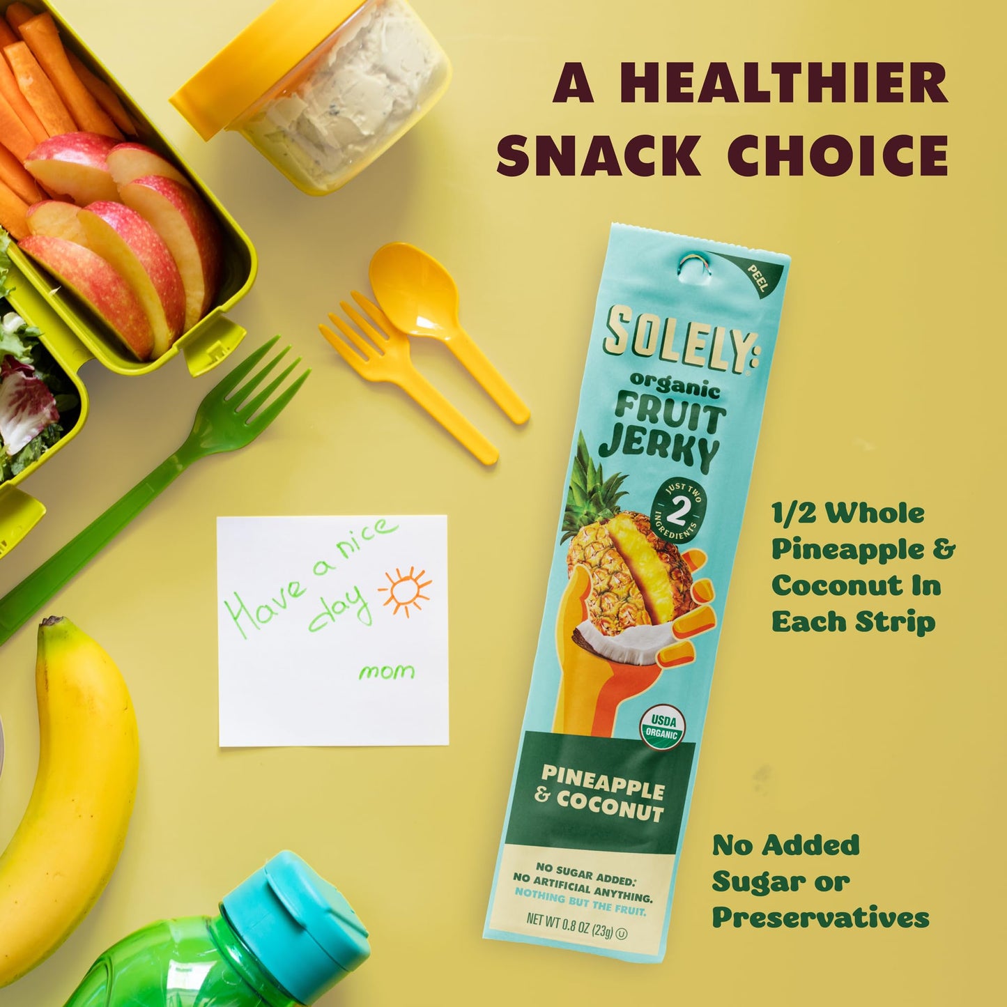 SOLELY - Organic Pineapple Coconut Fruit Jerky - 12 Individually Wrapped Strips - Fruit Leather Made from Dried Fruit - Healthy