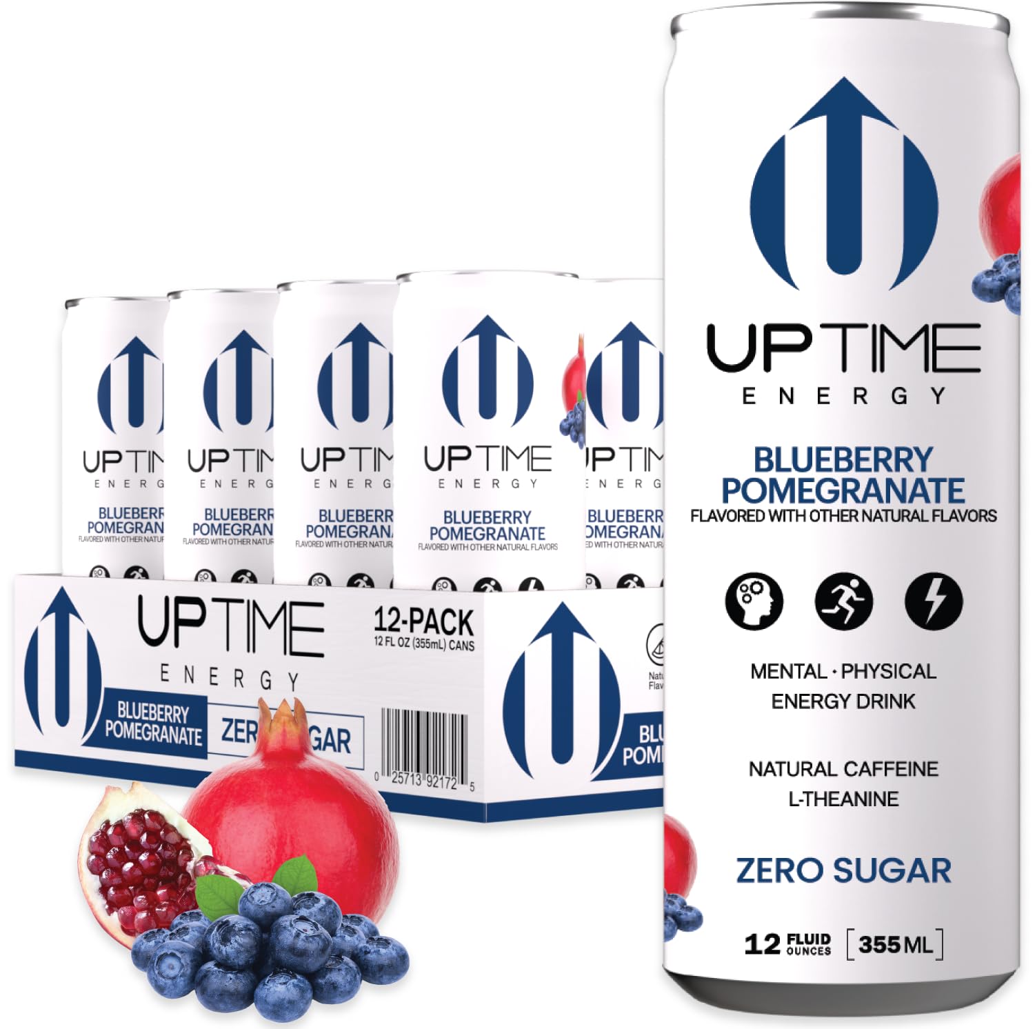 UPTIME Energy Drink Blueberry Pomegranate, Sugar Free, 12 Pack, 12 Fl Oz Cans, 142mg Natural Caffeine