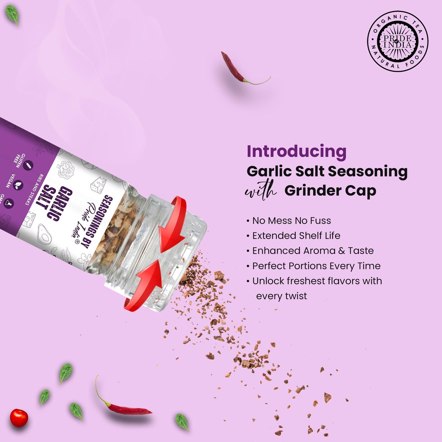 Pride Of India Garlic Salt with Grinder Cap, 2.3 oz, Non-Bioengineered, Vegan, Gluten Free, Savory for Meats & Vegetables