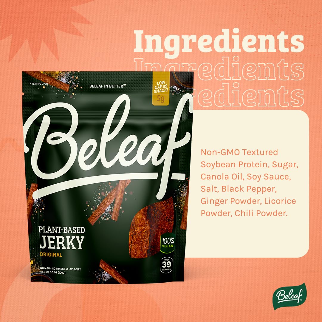 BE LEAF Plant-Based Jerky - High-Protein Vegan Snack, 3.5 oz Pack of 12