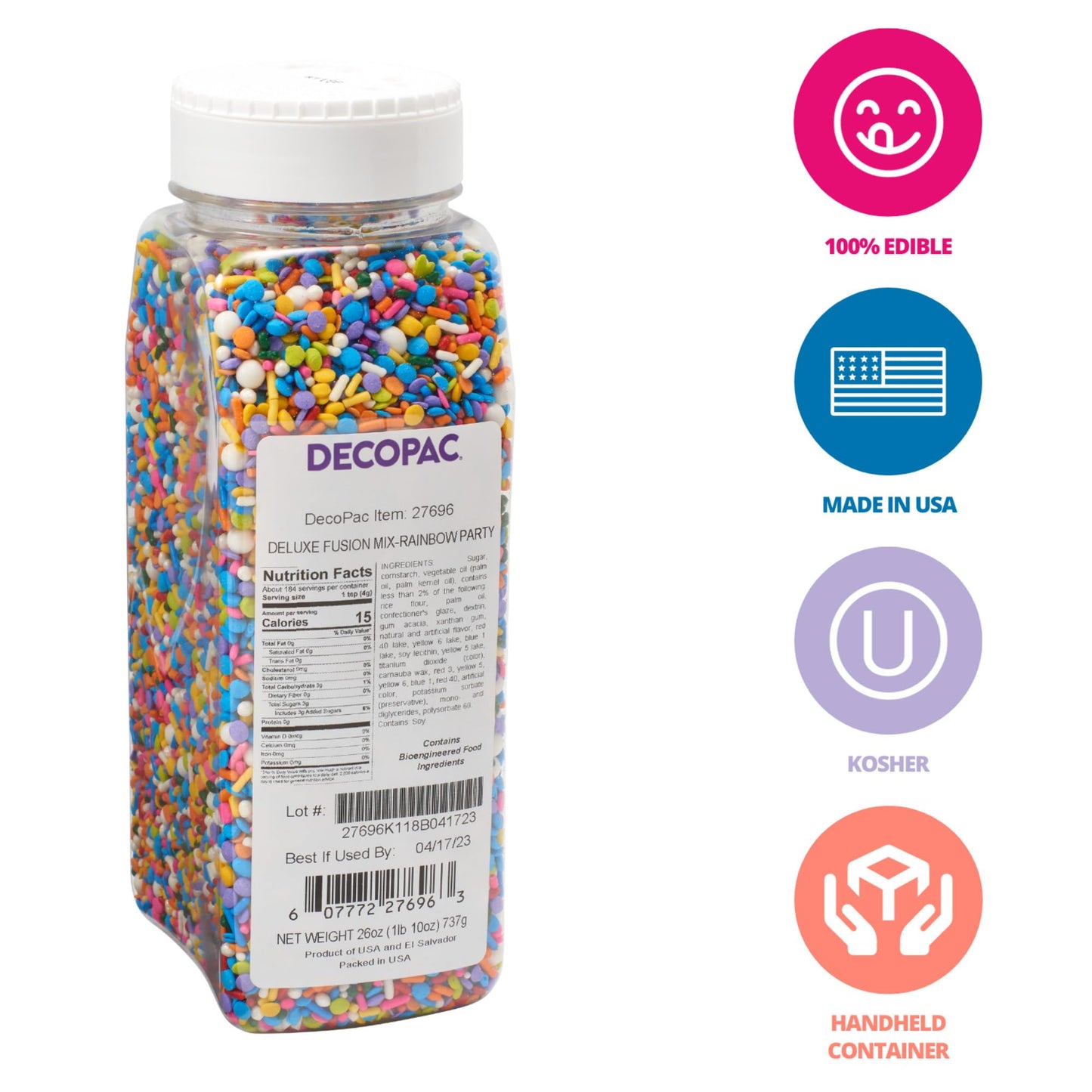 Decopac Rainbow Party Fusion Mix Sprinkles, 26Oz, Shaped Candy Sprinkles In Handheld Container, Magical Edible Decorations For C