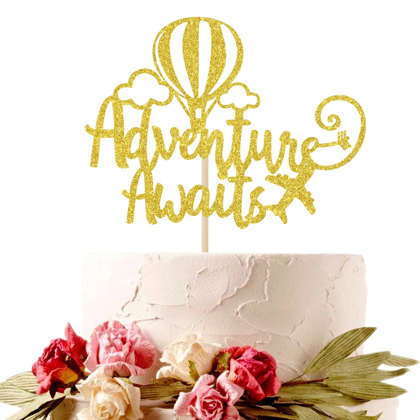 Hotmoon Adventure Awaits Cake Topper, Gold Glitter, Graduation/Retirement/Baby Shower Party Decorations, Model HM-0324