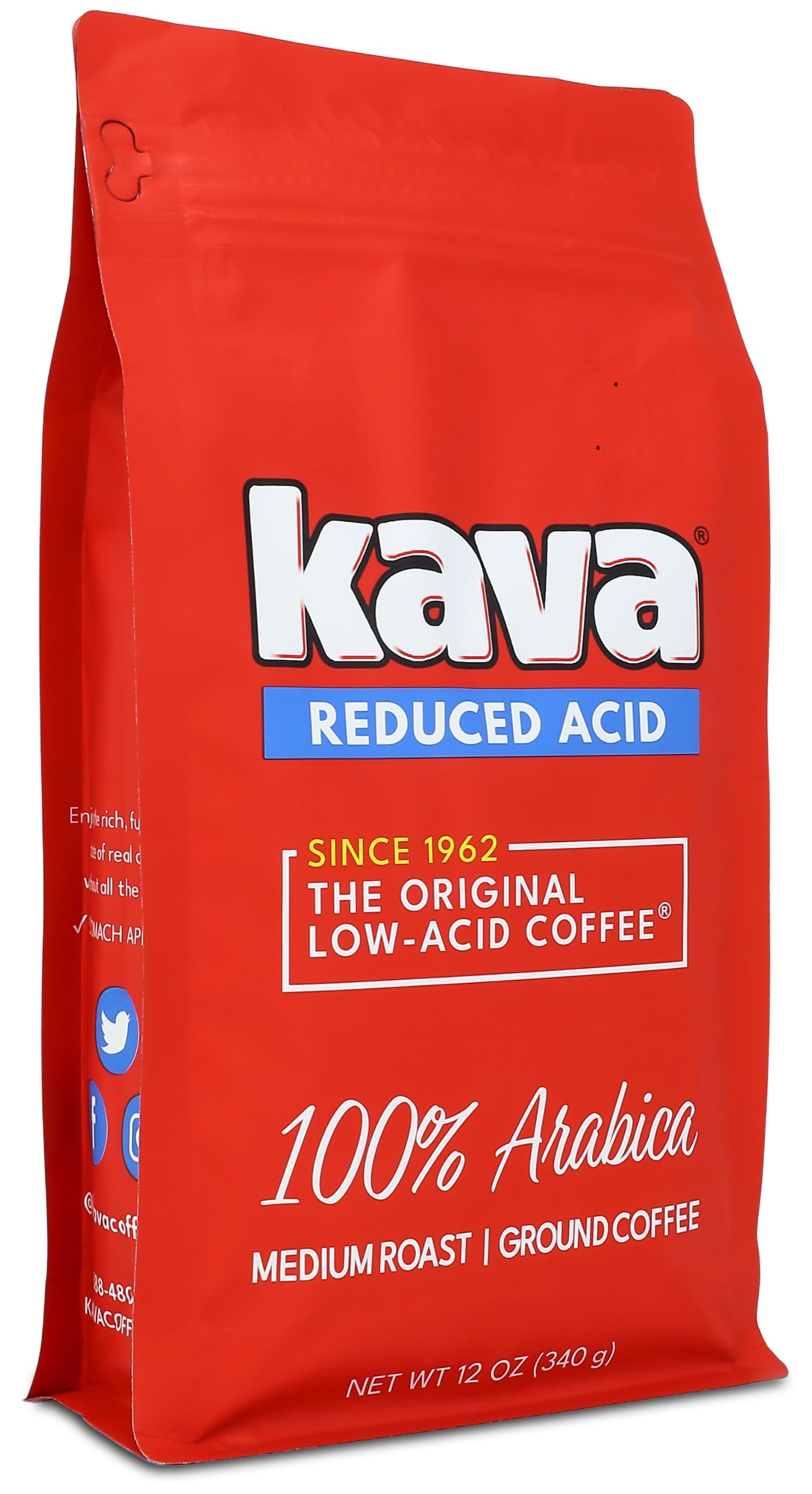 Kava Low Acid Neutralized Ground Coffee - Medium Roast Arabica, Smooth Flavor, 12 Ounce Bag (Pack of 1)