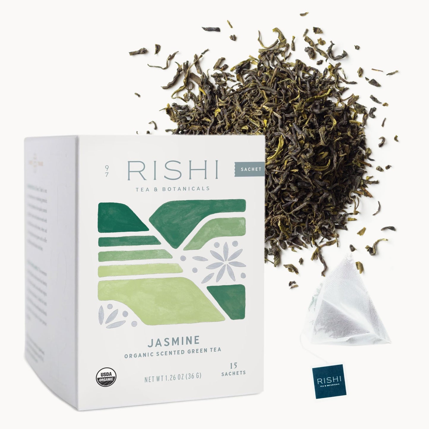 Rishi Tea Jasmine Green Tea - Organic Sachet Tea Bags, Caffeinated Scented Chinese Green Tea with Floral Aroma & Taste - 15 Coun