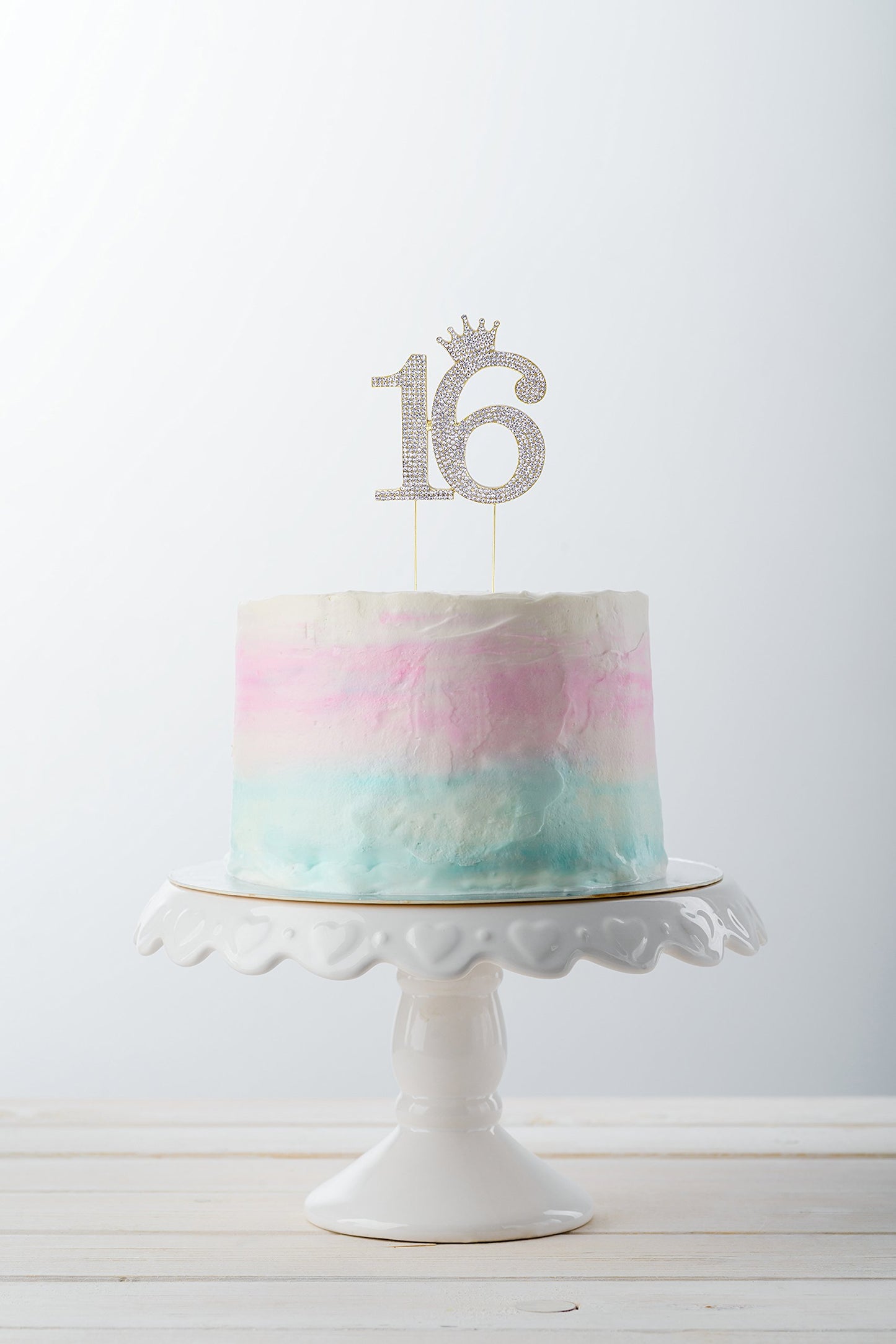 Number 16 Rhinestone Princess Crown Monogram Cake Topper - Sweet 16Th Birthday Party (Gold)