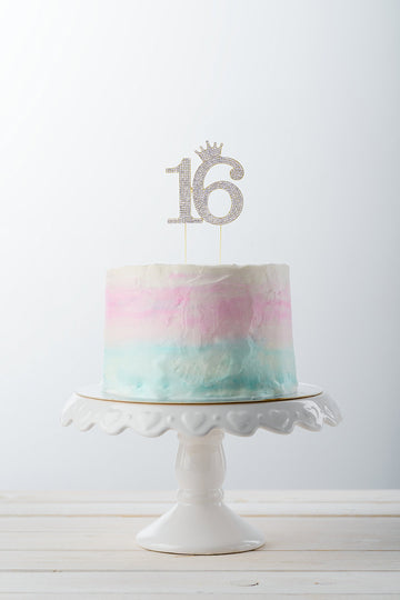 Number 16 Rhinestone Princess Crown Monogram Cake Topper - Sweet 16Th Birthday Party (Gold)
