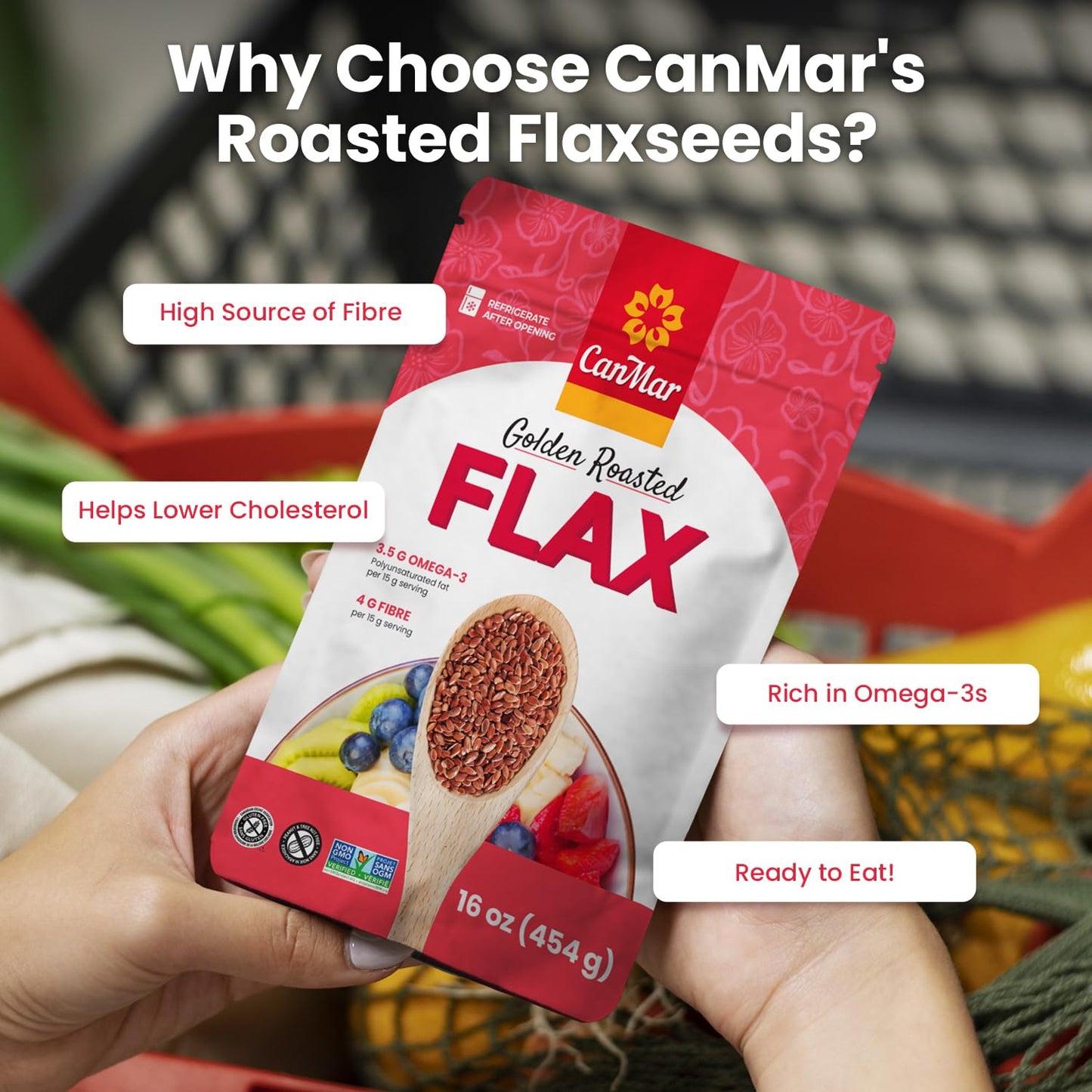 Canmar Golden Roasted Whole Flax Seeds 16 Oz (1 Lb), Non-Gmo, Gluten Free & Vegan, Flaxseed With Omega-3, Fiber, Rich In Ala Fat