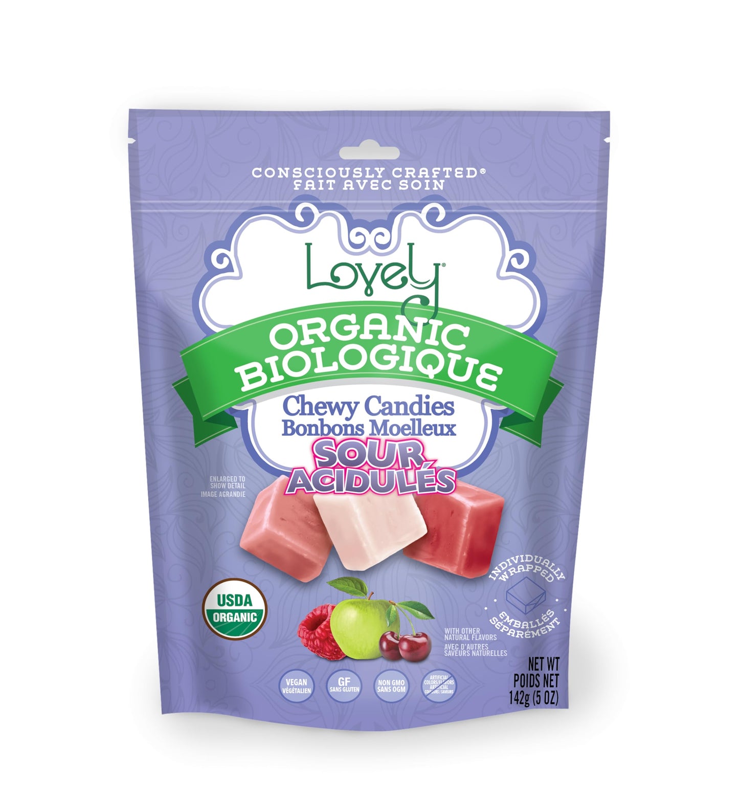 Lovely Candy Co. Organic Sour Chewy Candies, Vegan & Gluten Free, 5oz, Multicolor, Raspberry, Apple & Cherry