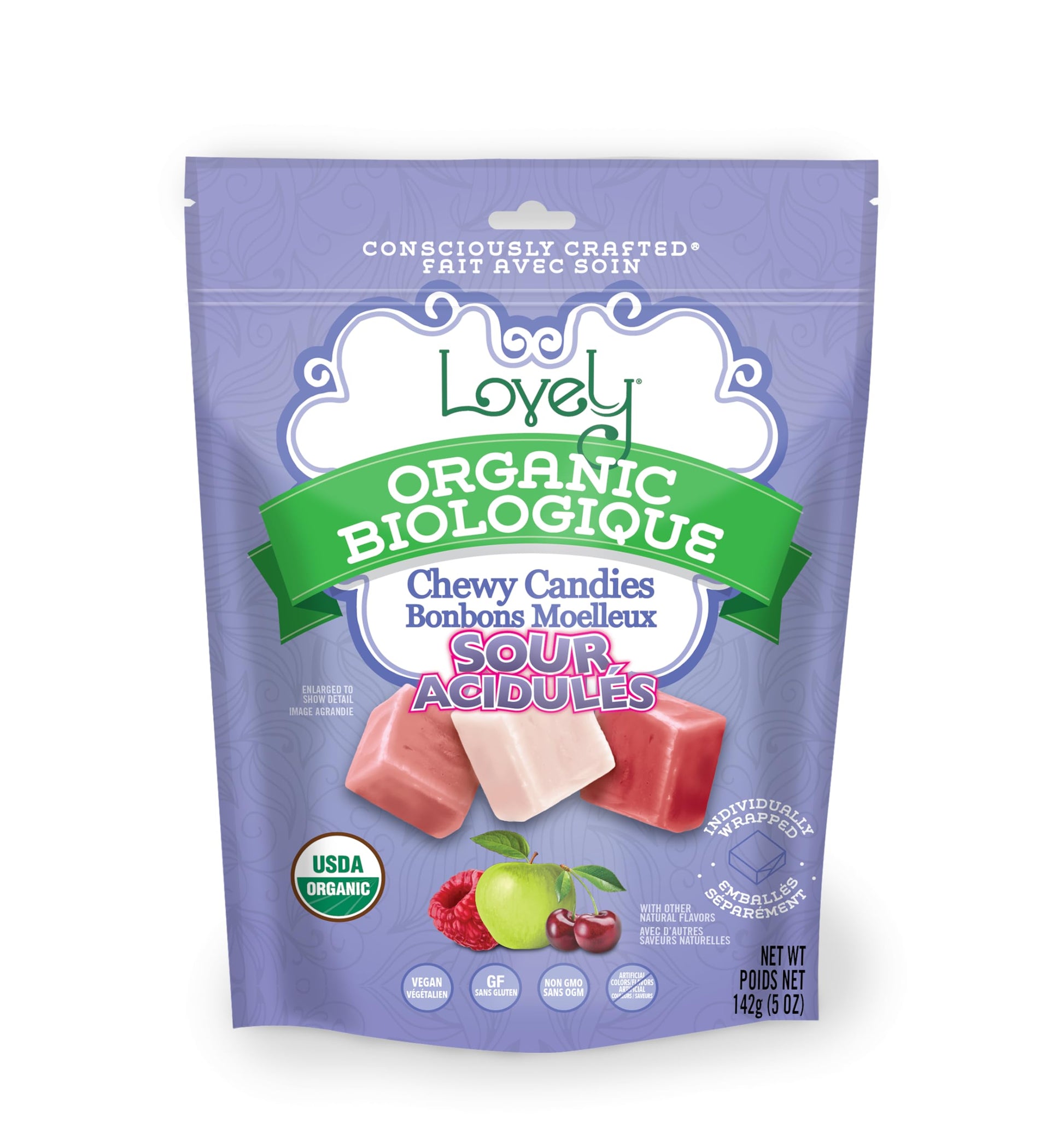 Lovely Candy Co. Organic Sour Chewy Candies, Vegan & Gluten Free, 5oz, Multicolor, Raspberry, Apple & Cherry