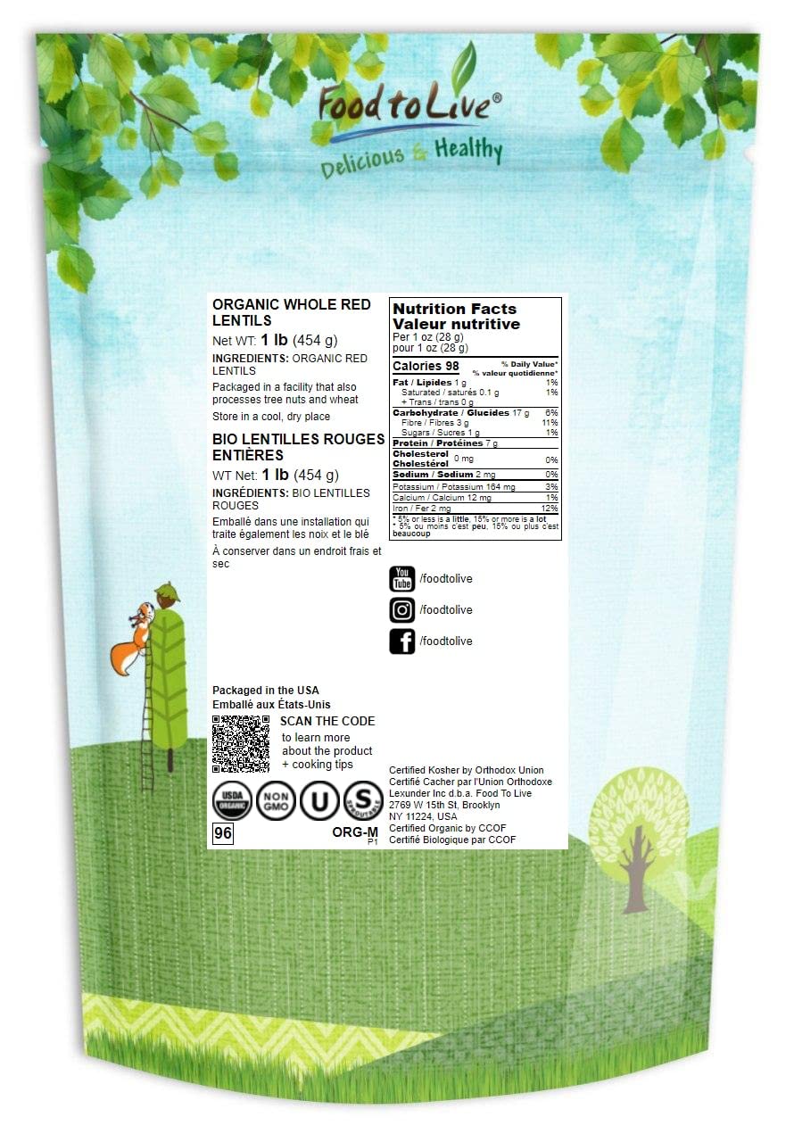 Food To Live Organic Whole Red Lentils, 1 Pound Non-Gmo, Dry Raw Lentils, Sproutable, Vegan, Kosher, Bulk. Easy To Cook. Source Of Folate, Fiber, And Protein. For Lentil Soup, Stews, Curry