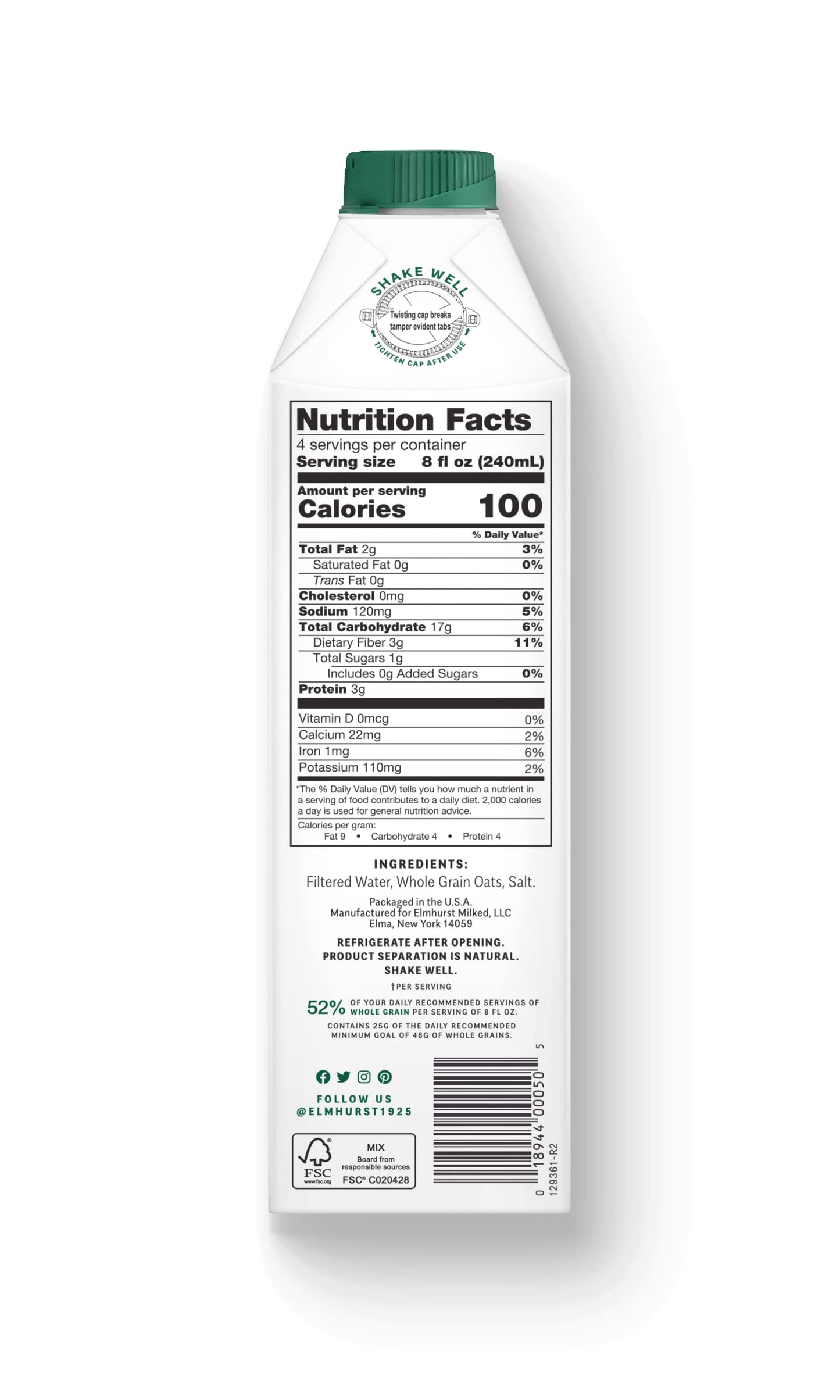 Elmhurst 1925 Milked Oats Unsweetened Oat Milk, 32 Ounce (Pack Of 6)