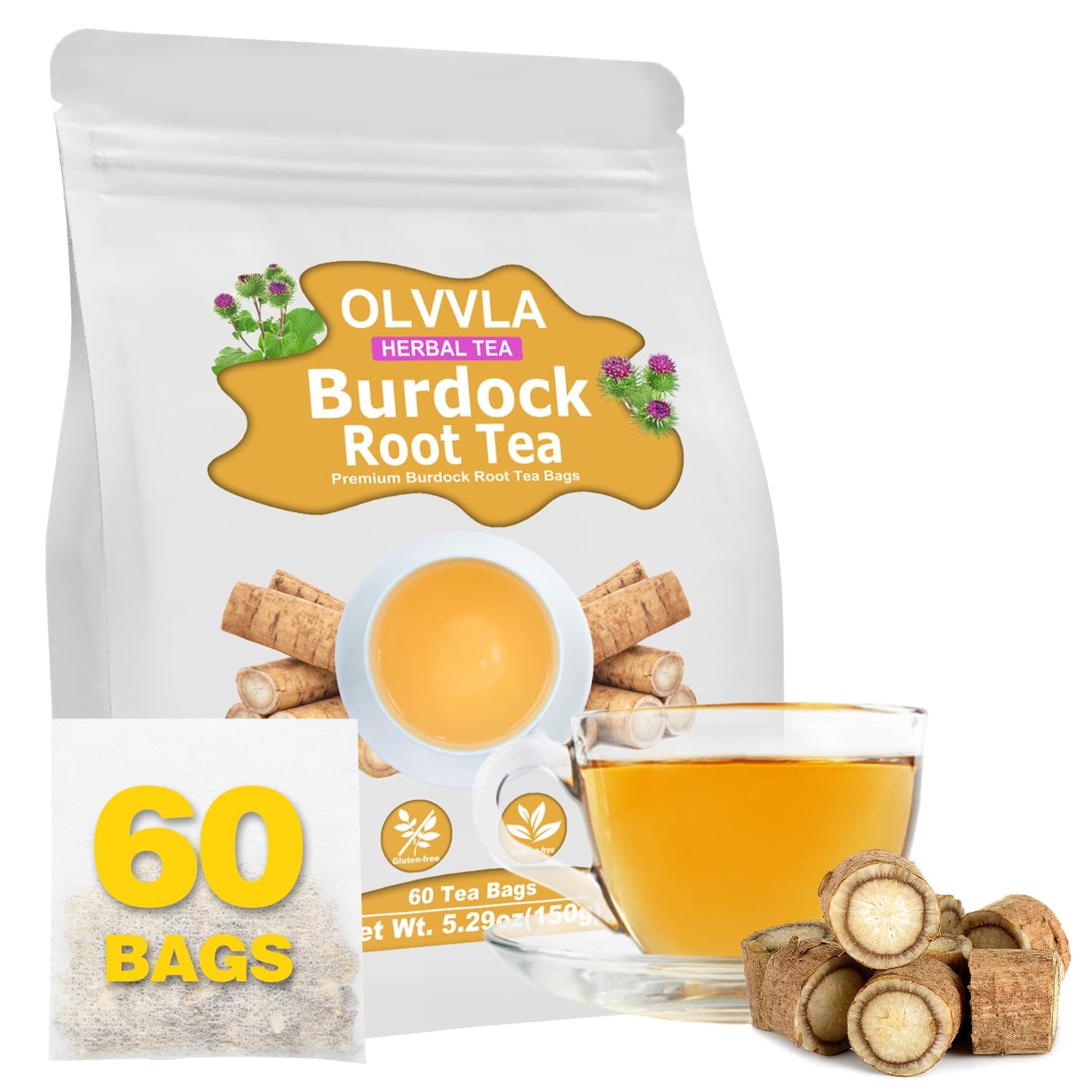 Olvvla Premium Burdock Root Tea - 60 Count - 100% Pure Herbal Tea Bags - Caffeine-Free - Digestive Support