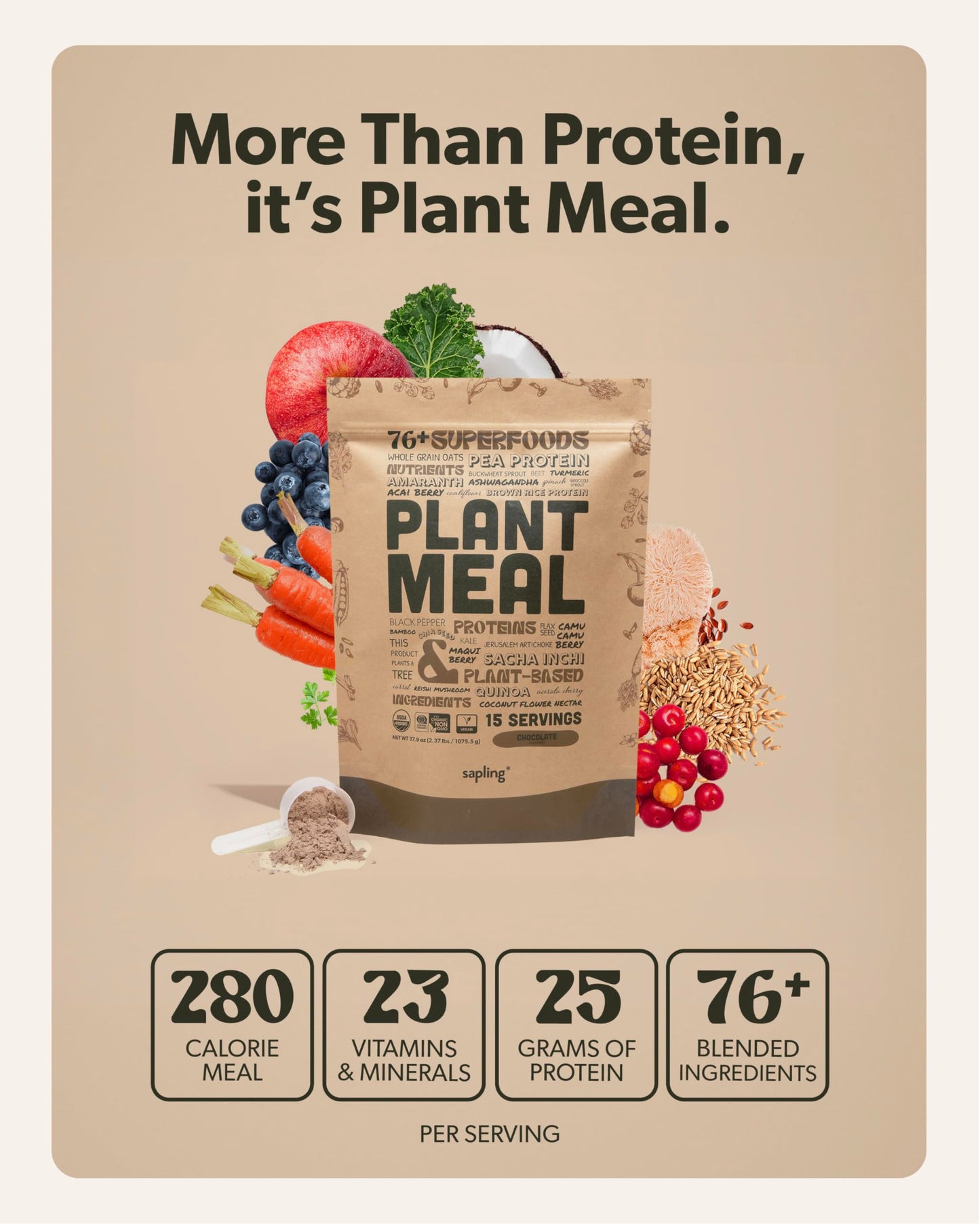 Sapling Plant Meal Replacement Shake - Chocolate, 25g Vegan Protein, 76+ Organic Superfoods, 37.9 oz, 15 Servings